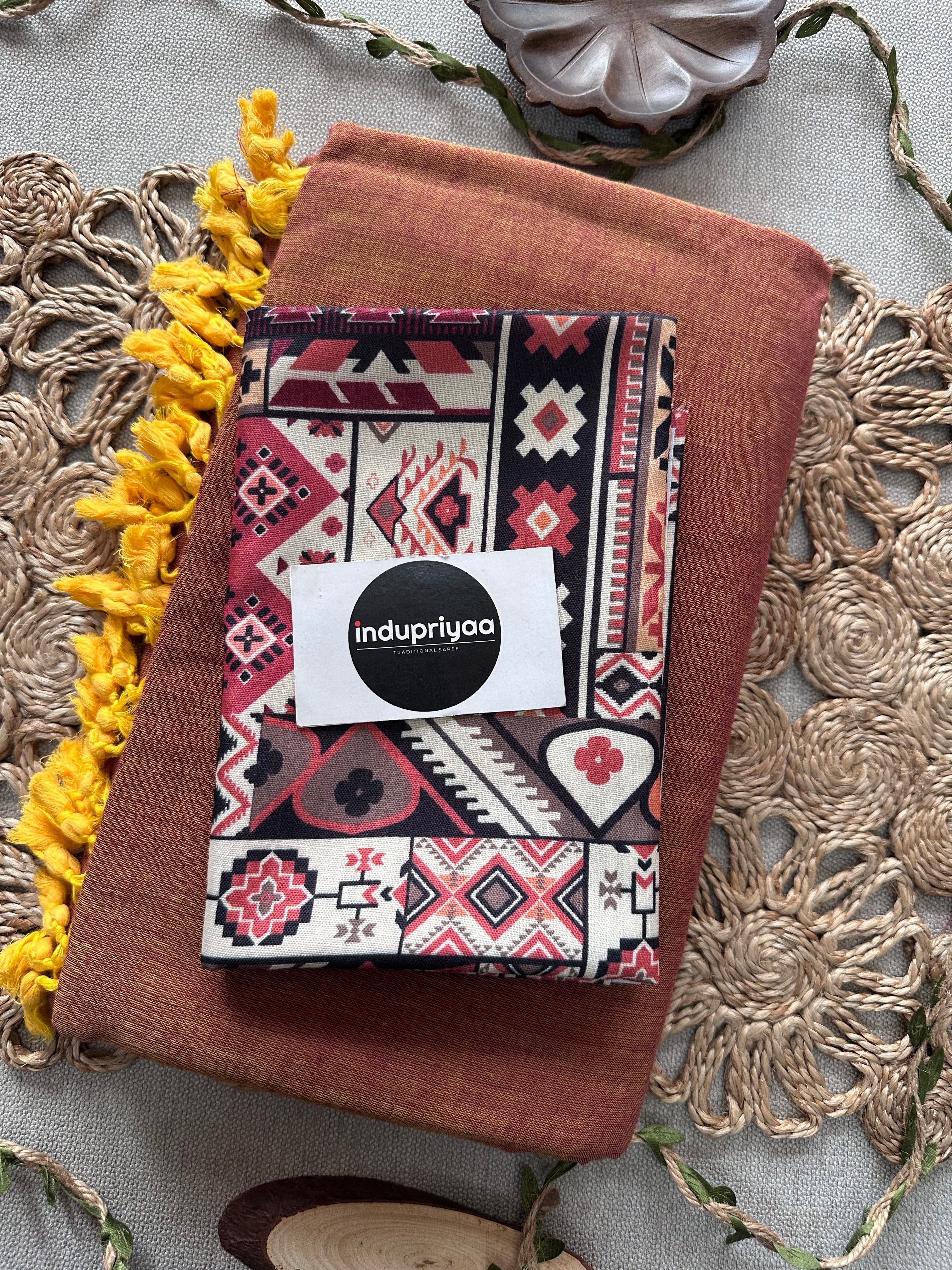 Brown Dual Tone Handloom Cotton Saree With Multi Print Blouse