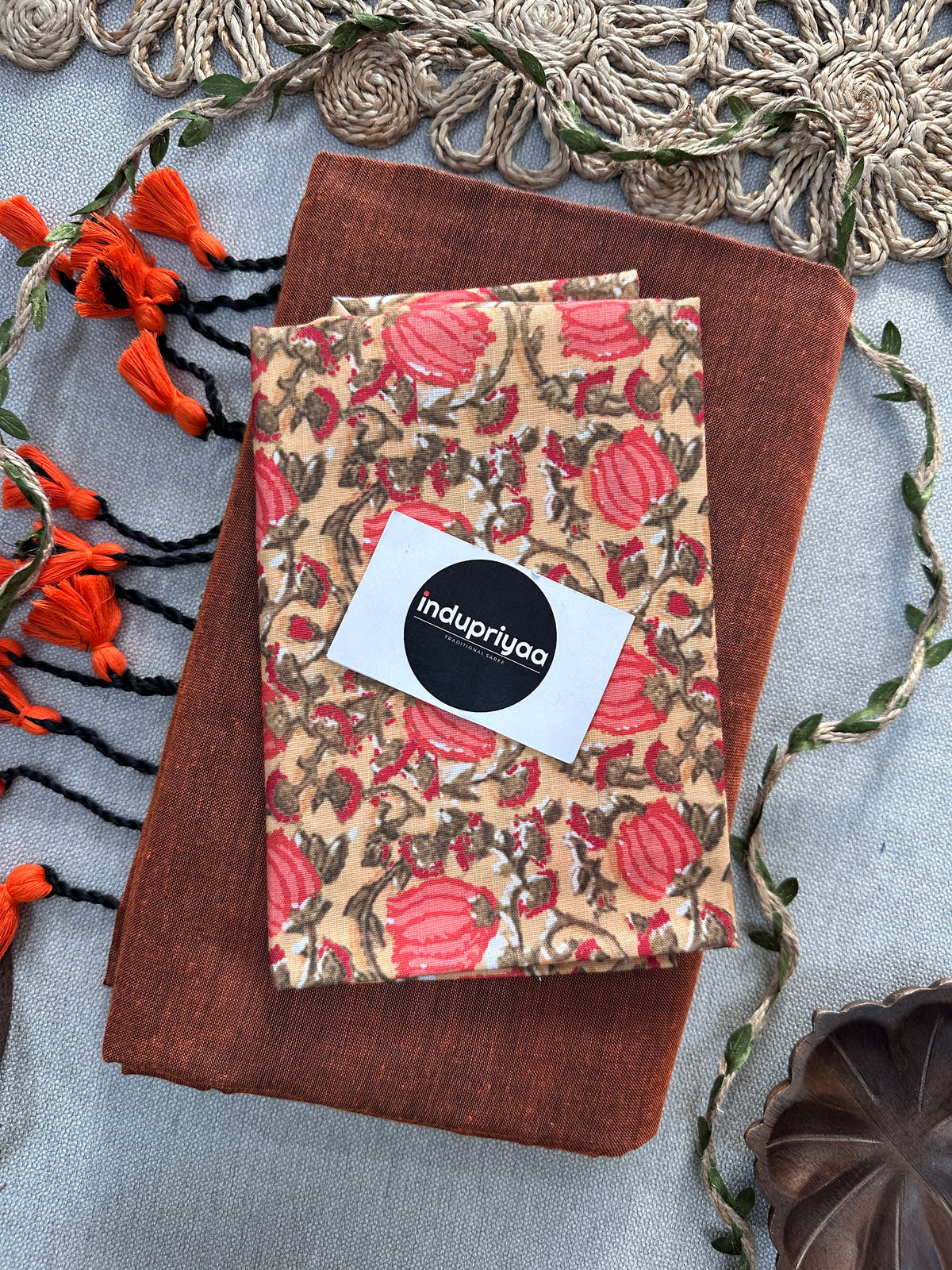 Orange Handloom Cotton Saree With Flower Print Blouse