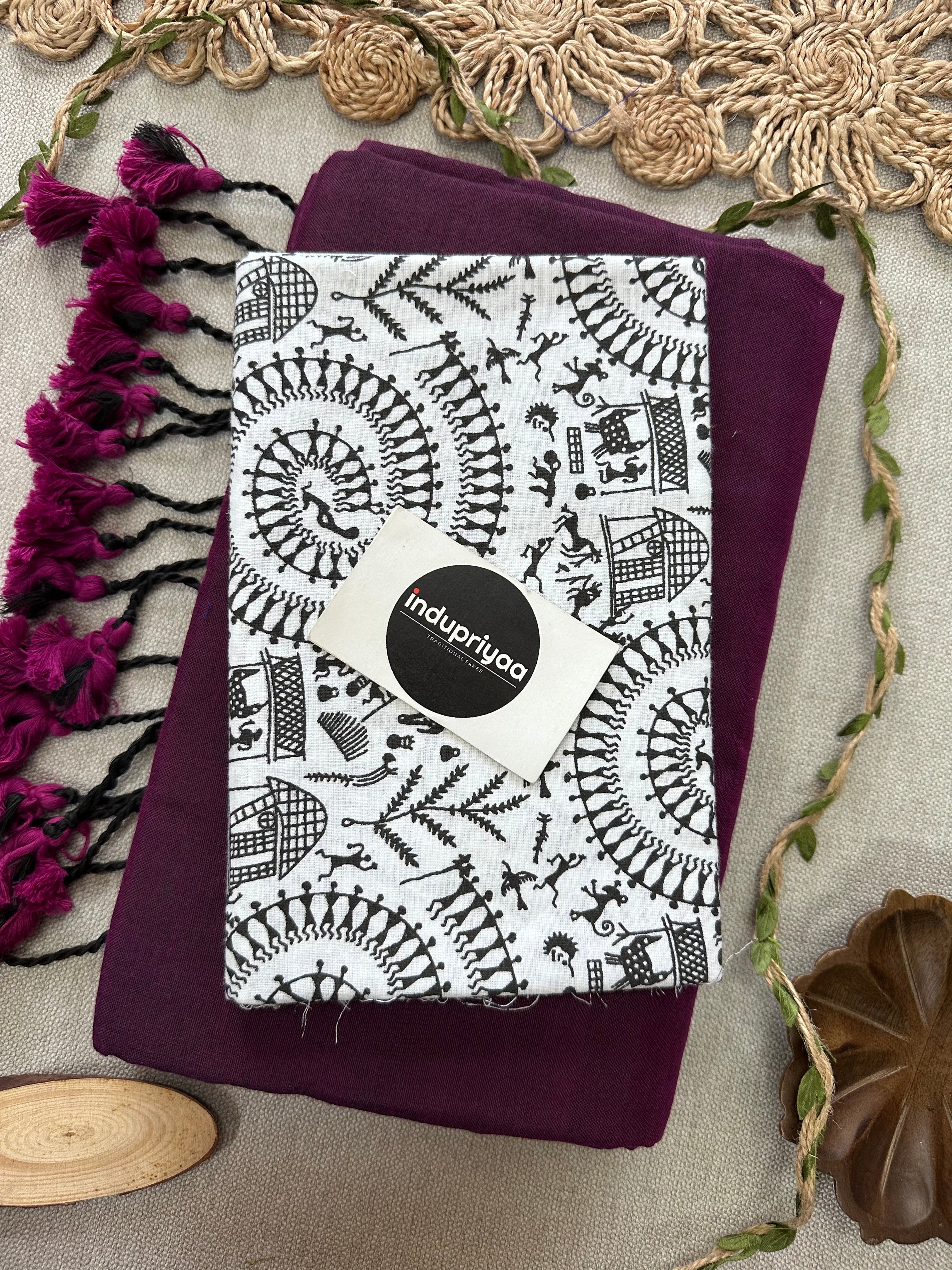 Dark Wine  Handloom Cotton Saree With Vani Print Blouse