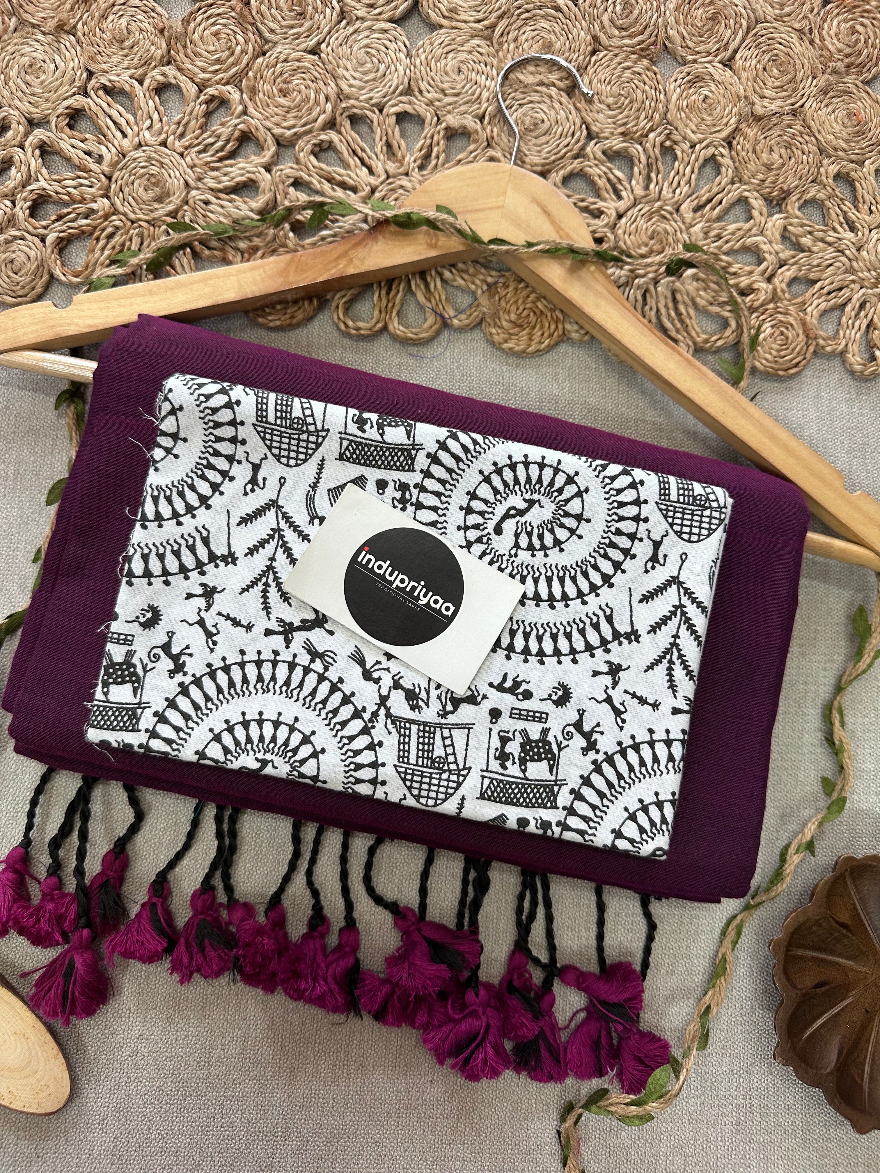 Dark Wine  Handloom Cotton Saree With Vani Print Blouse
