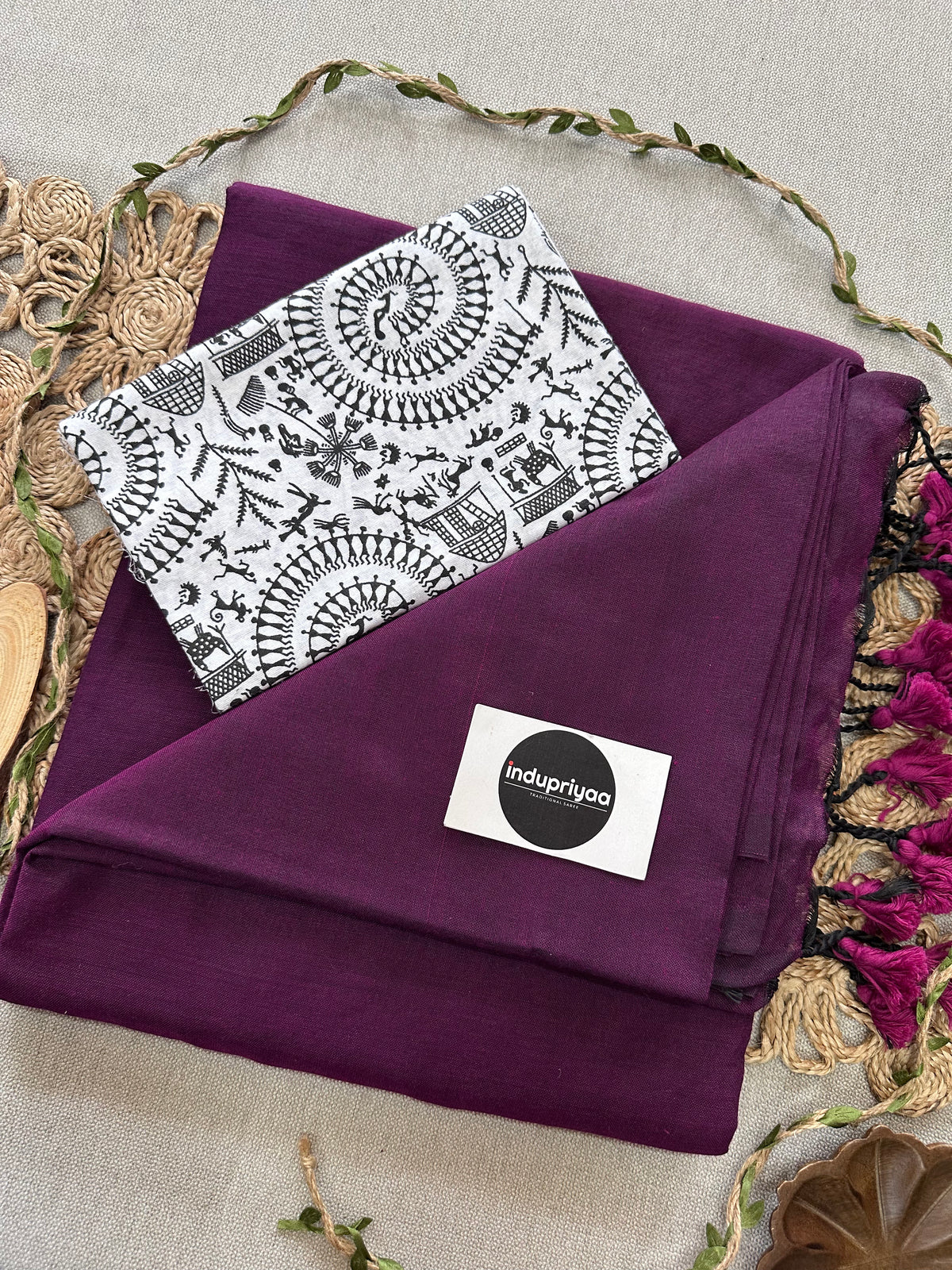 Dark Wine  Handloom Cotton Saree With Vani Print Blouse