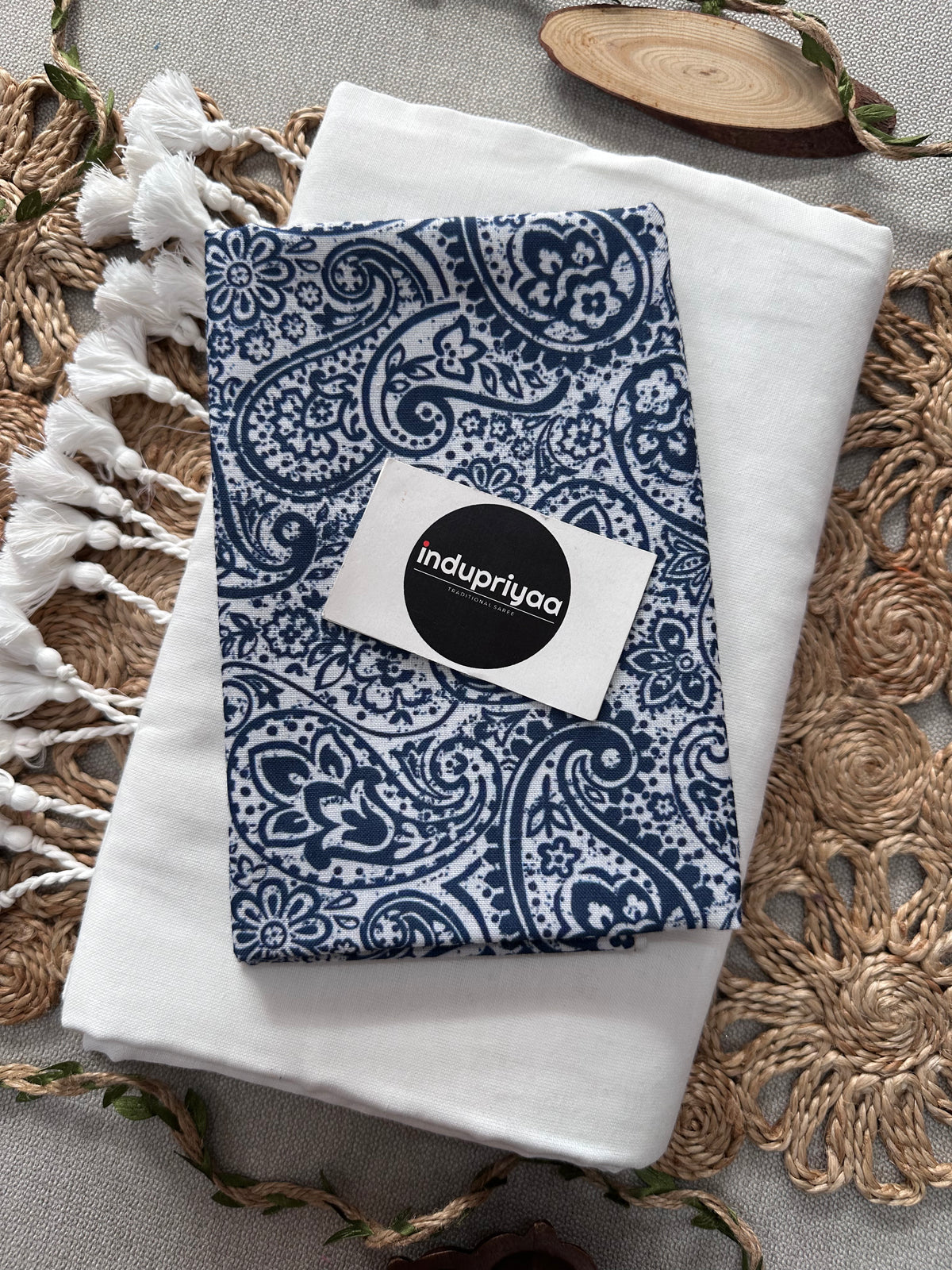 White Handloom Cotton Saree With  Blue Print Blouse