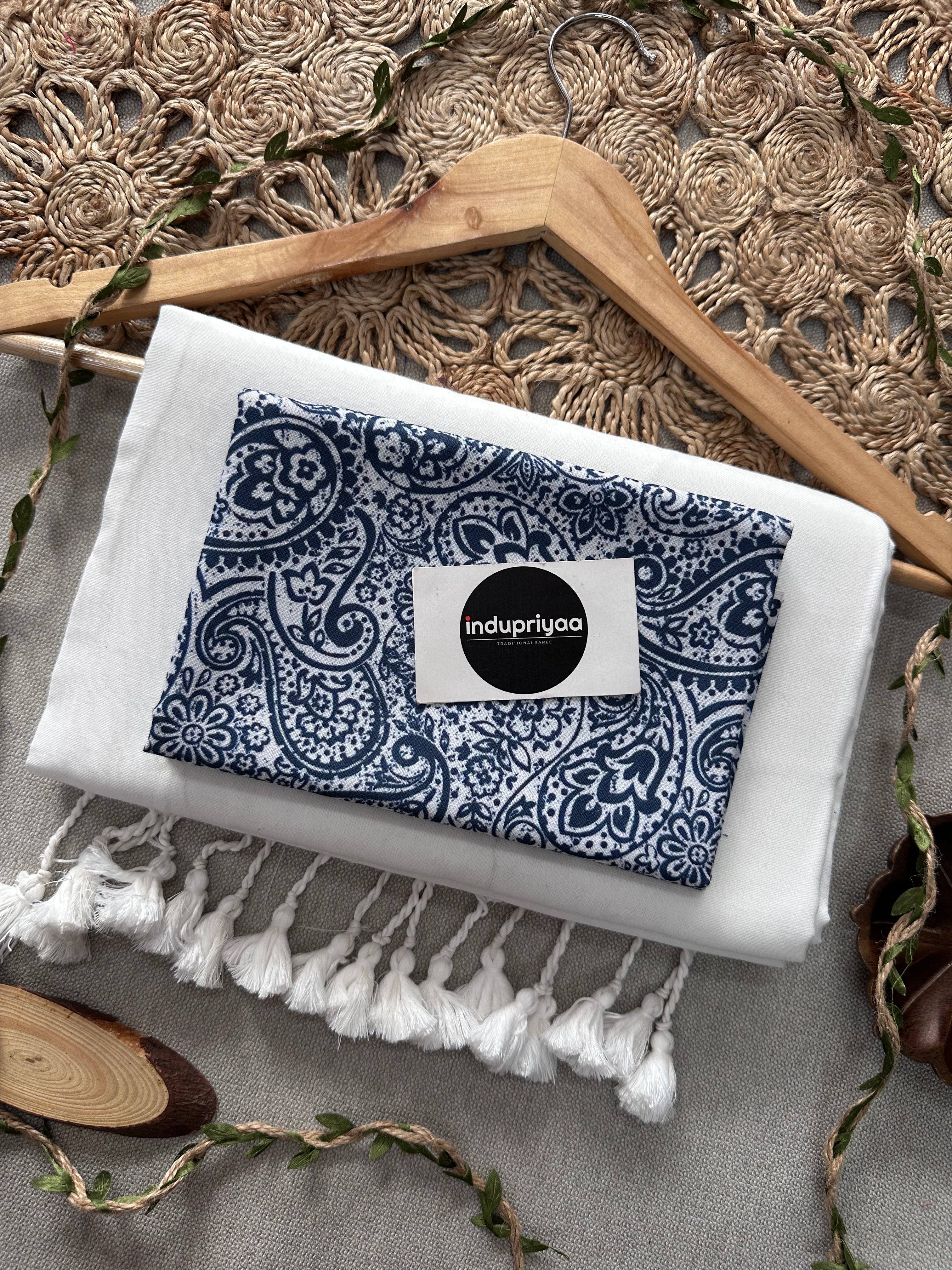 White Handloom Cotton Saree With  Blue Print Blouse