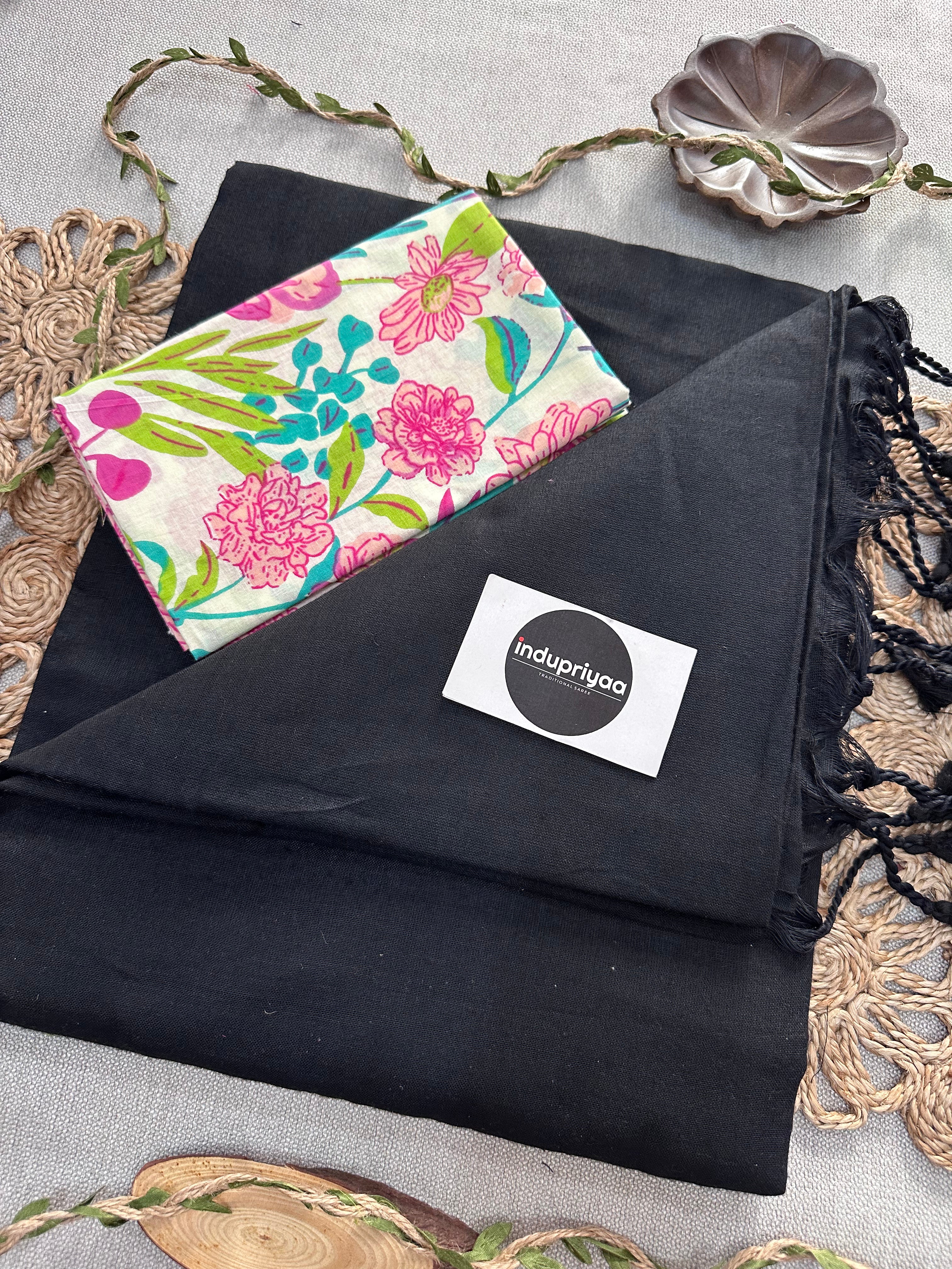 Black Handloom Cotton Saree With Flower Print Blouse