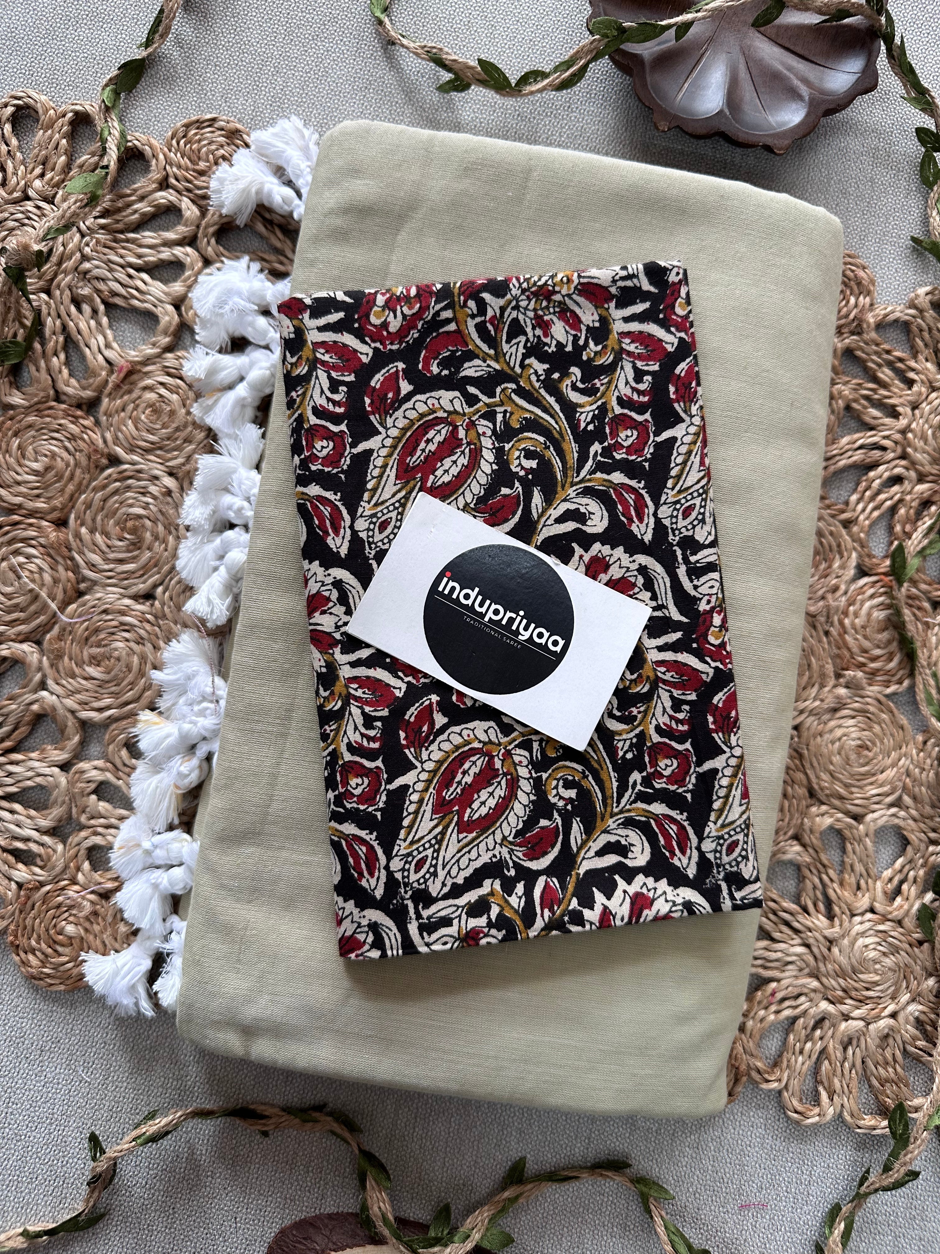 Half White  Handloom Cotton Saree With Kalmkari Print Blouse