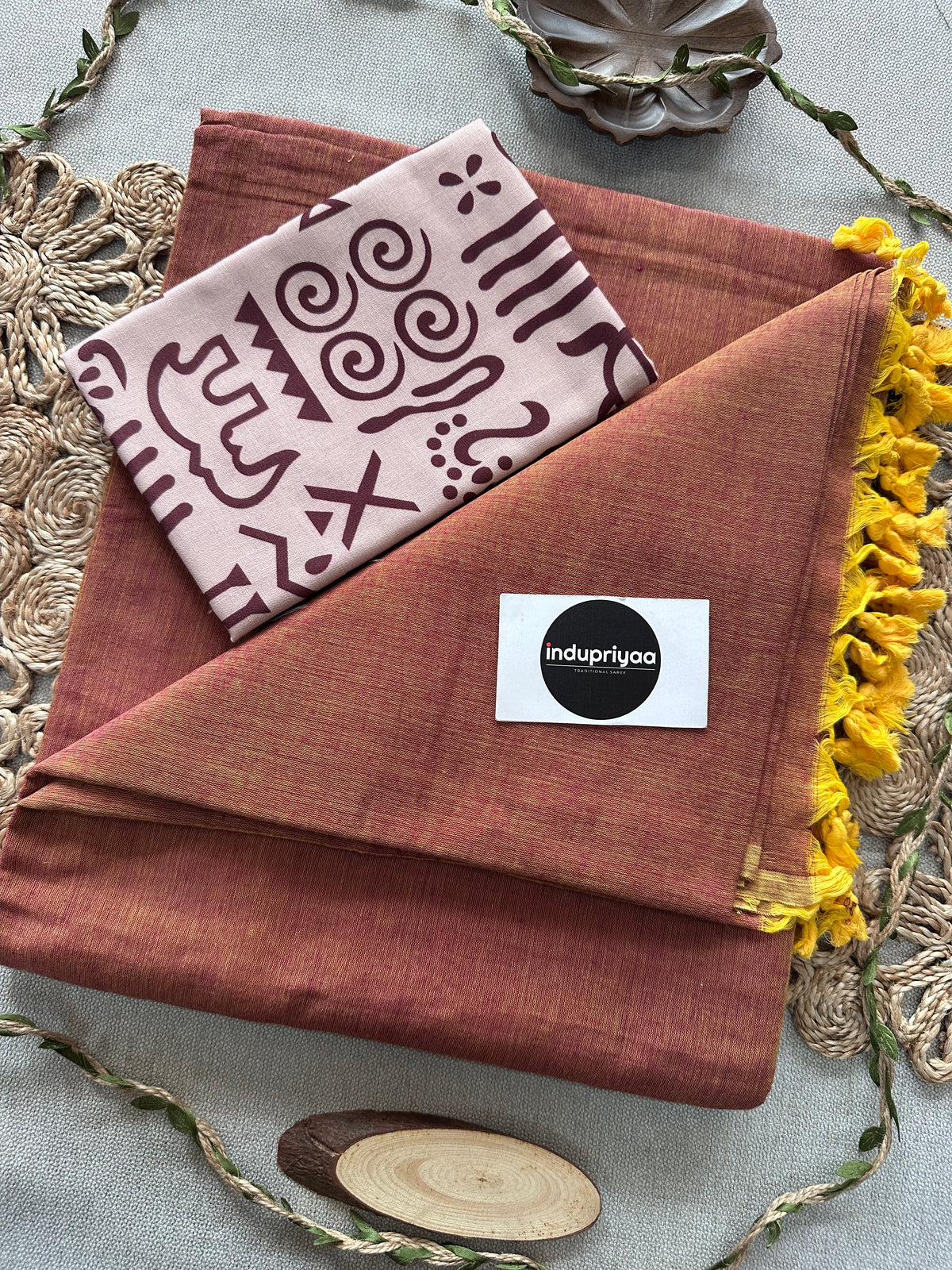 Brown Dual Tone Handloom Cotton Saree With Chiku Print Blouse