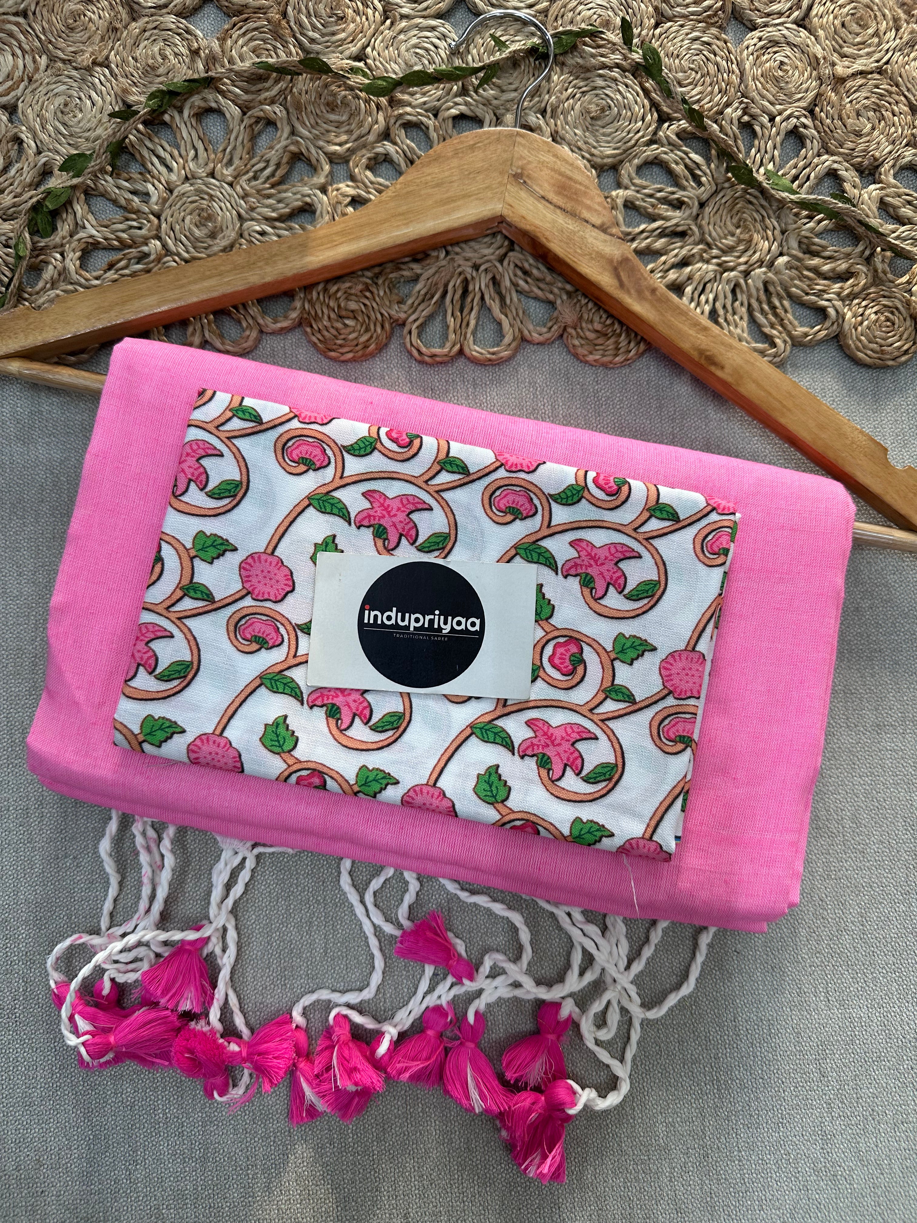 Baby Pink Handloom Cotton Saree With Leaf Print Blouse