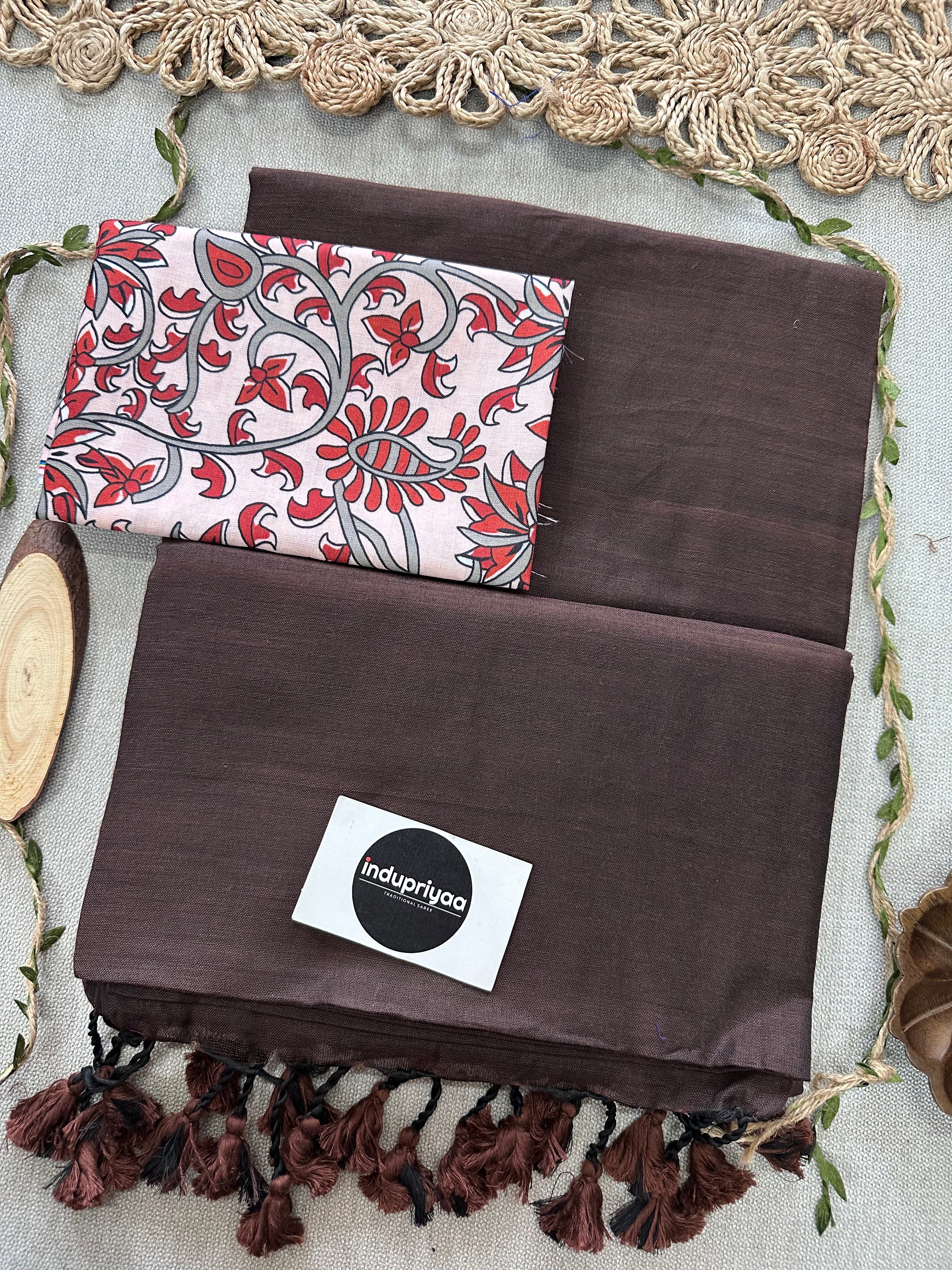 Brown Handloom Cotton Saree With Leaf Print Blouse
