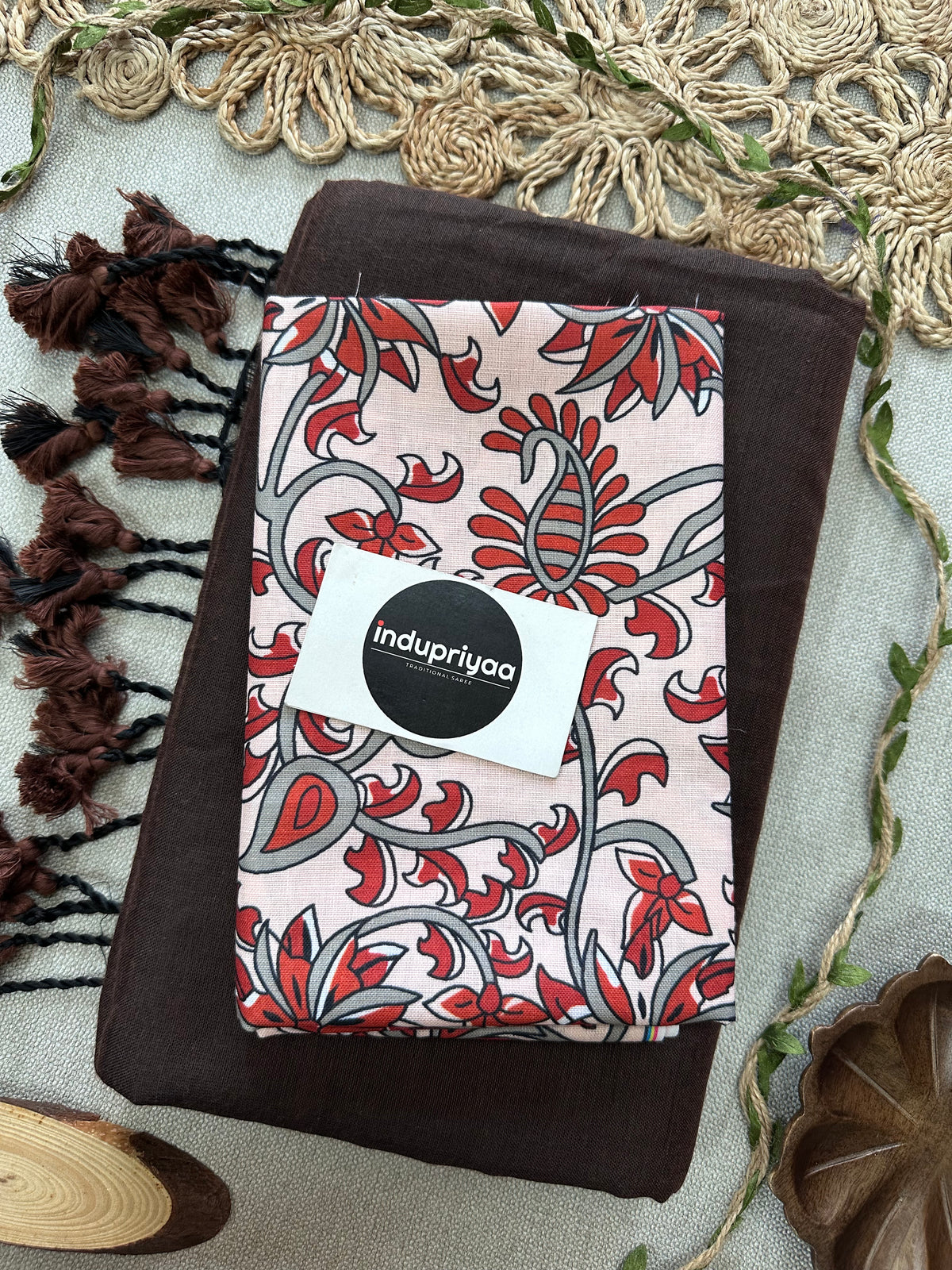 Brown Handloom Cotton Saree With Leaf Print Blouse