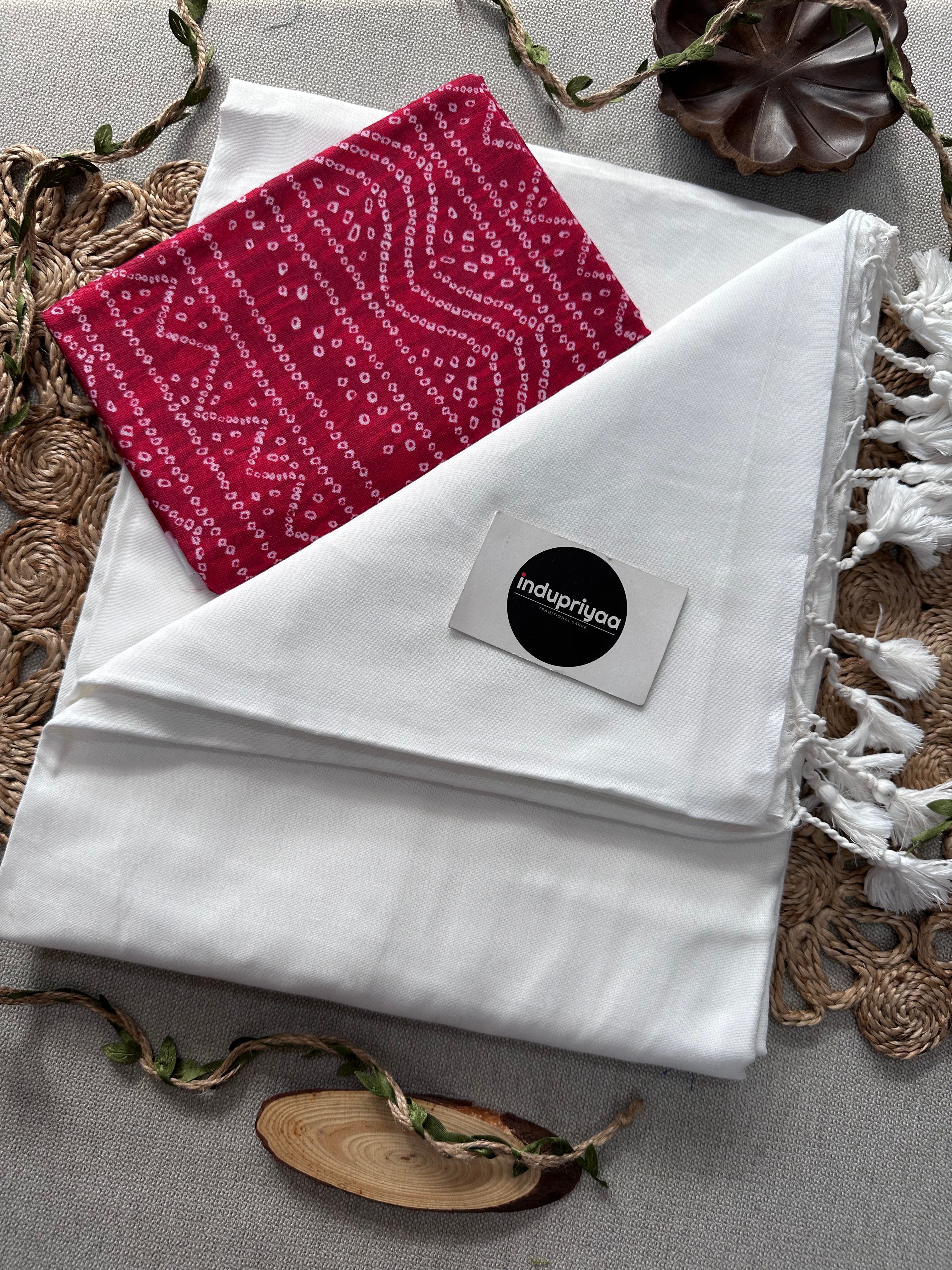 White Handloom Cotton Saree With Red Bandhej Print Blouse