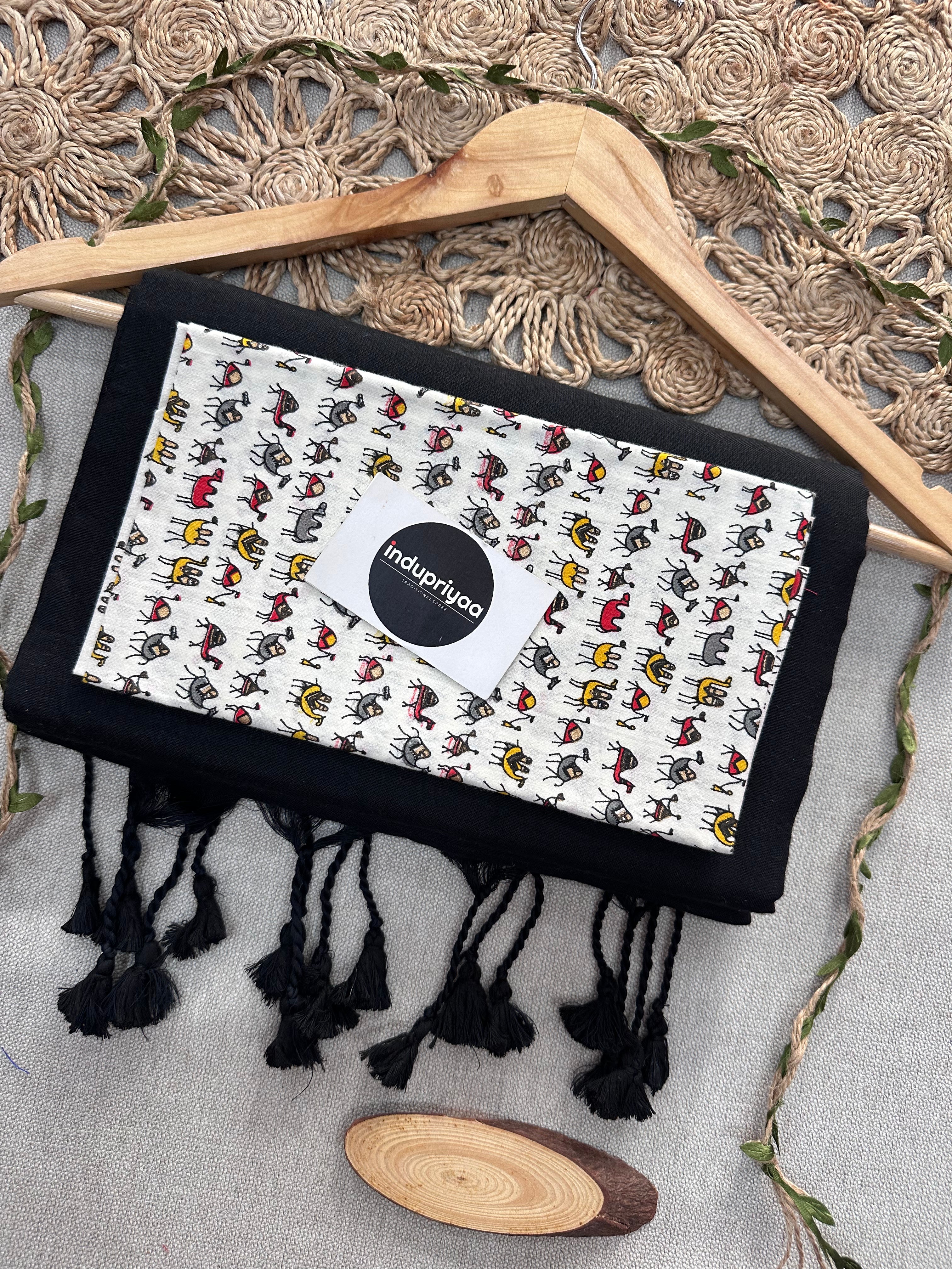 Black Handloom Cotton Saree With Animal Print Blouse