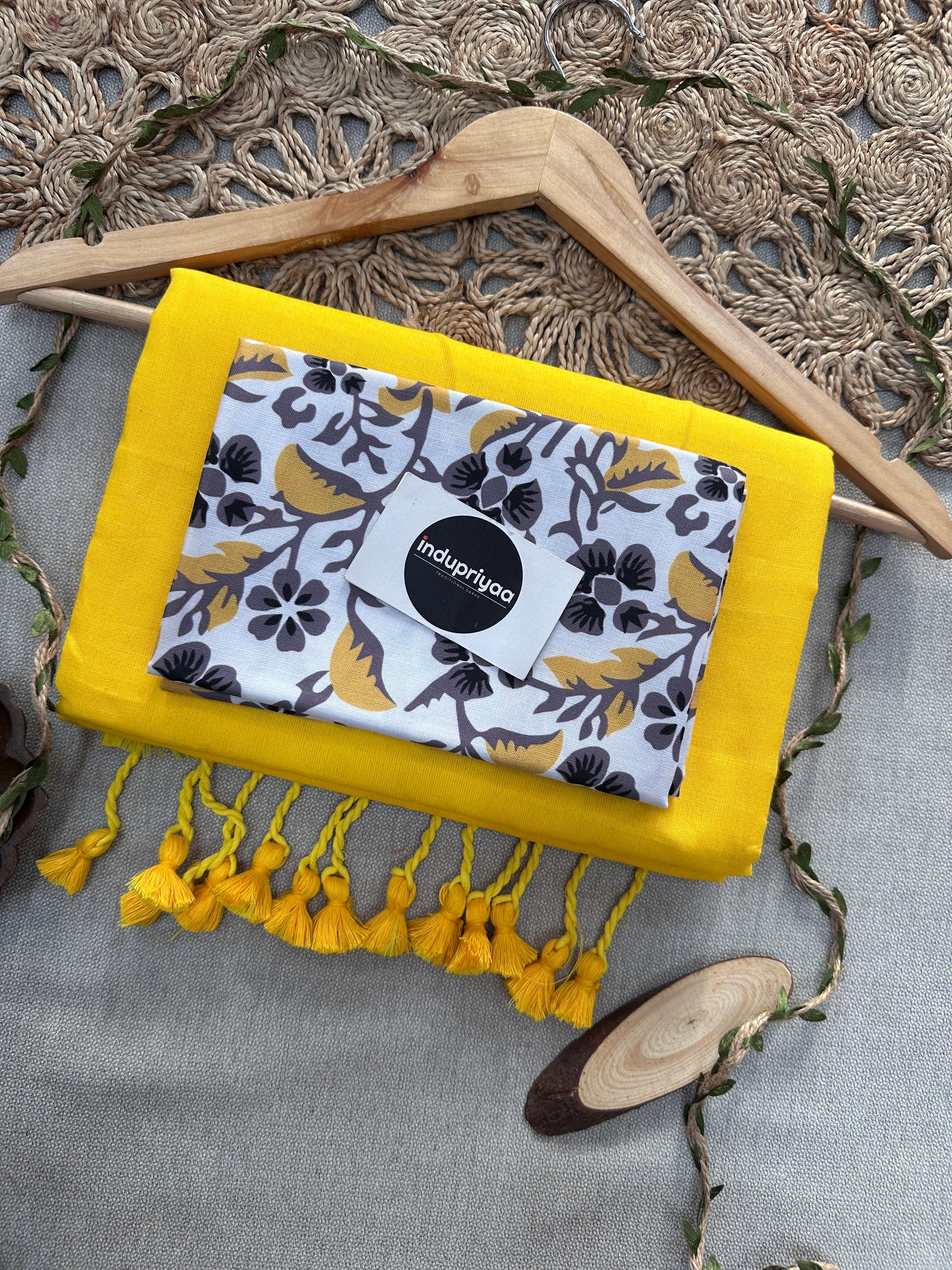 Yellow Handloom Cotton Saree With White Grey Print Blouse