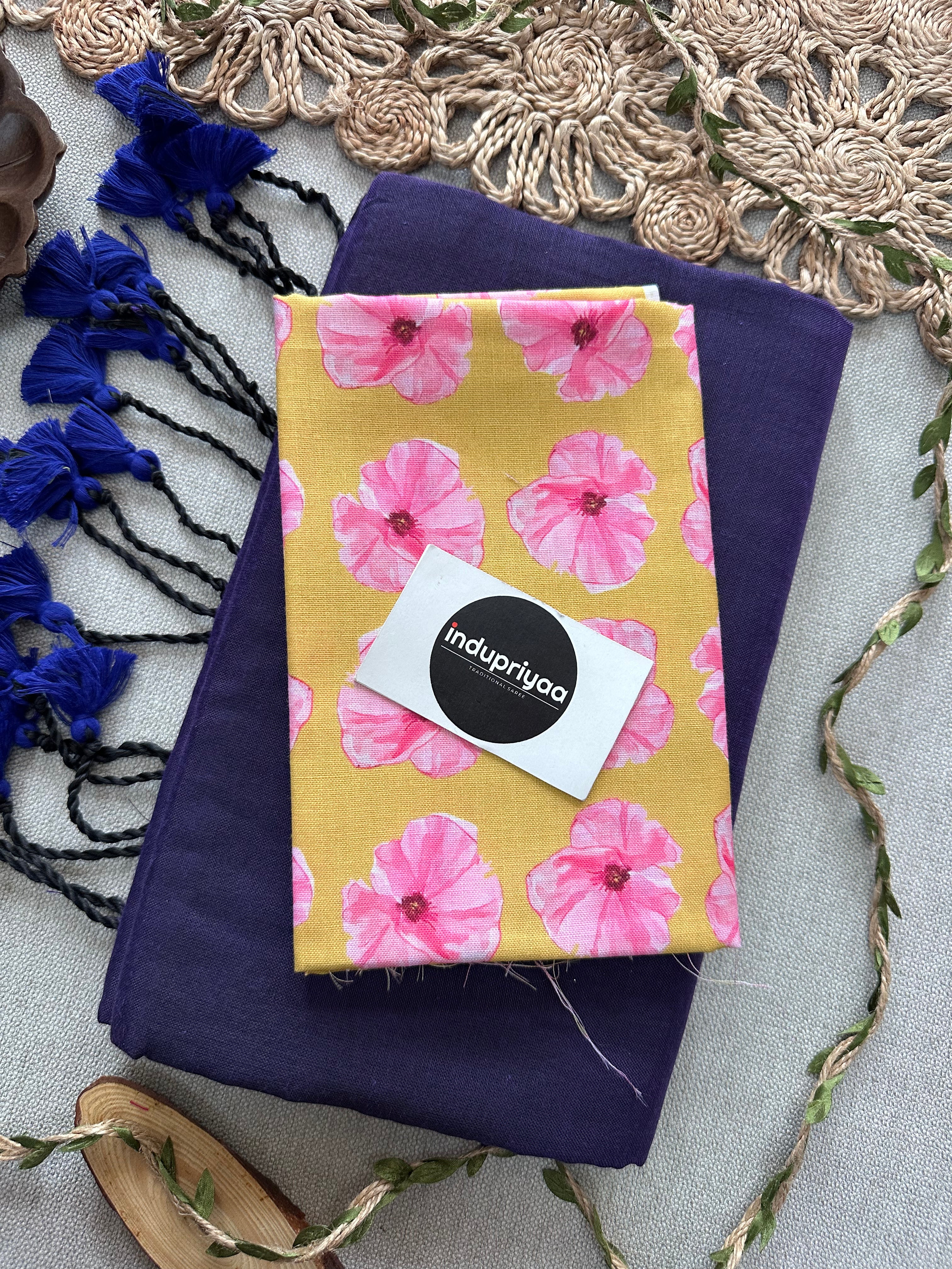 Purple Handloom Cotton Saree With Flower Print Blouse