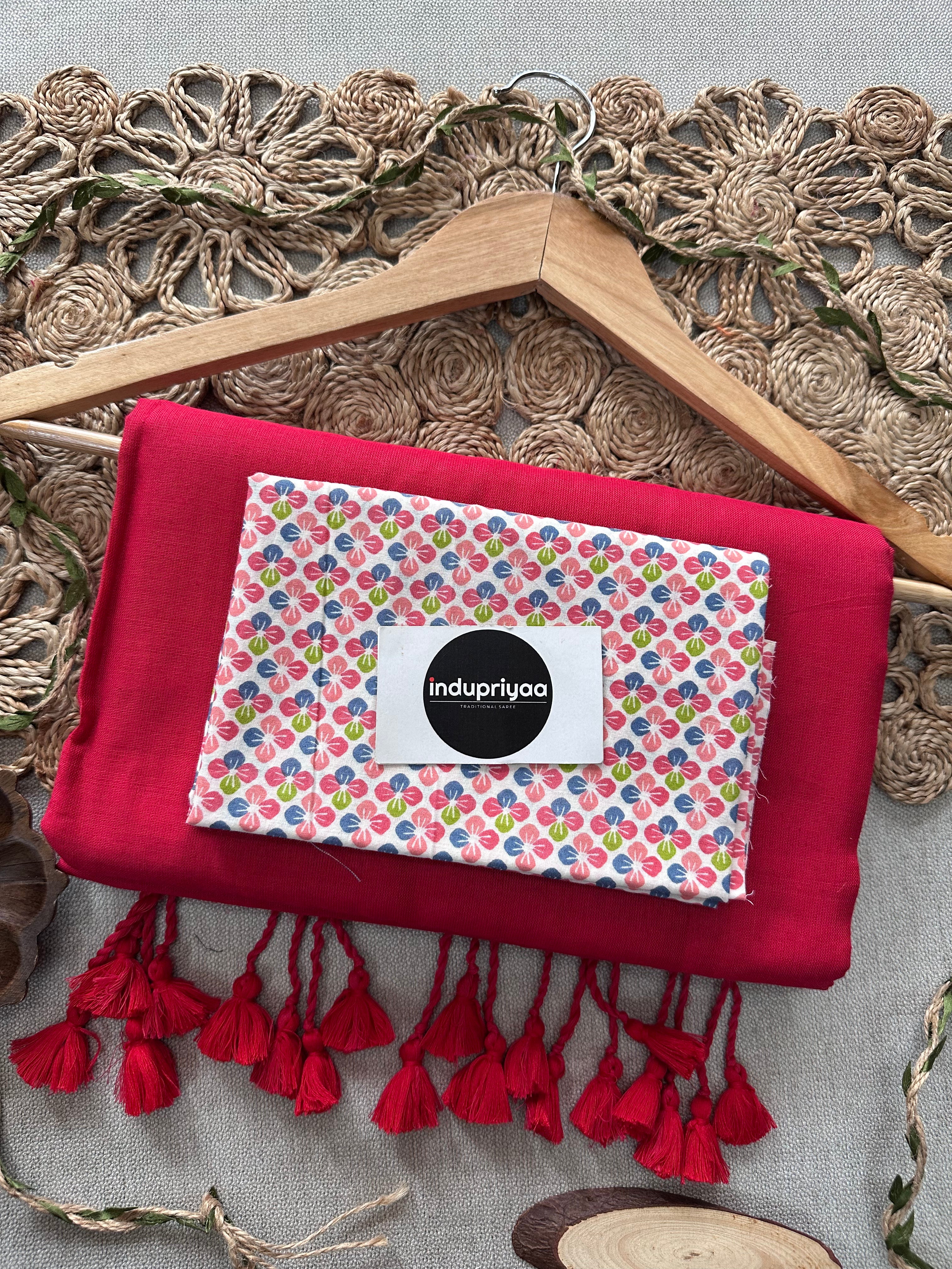 Red Handloom Cotton Saree With Multi Print Blouse