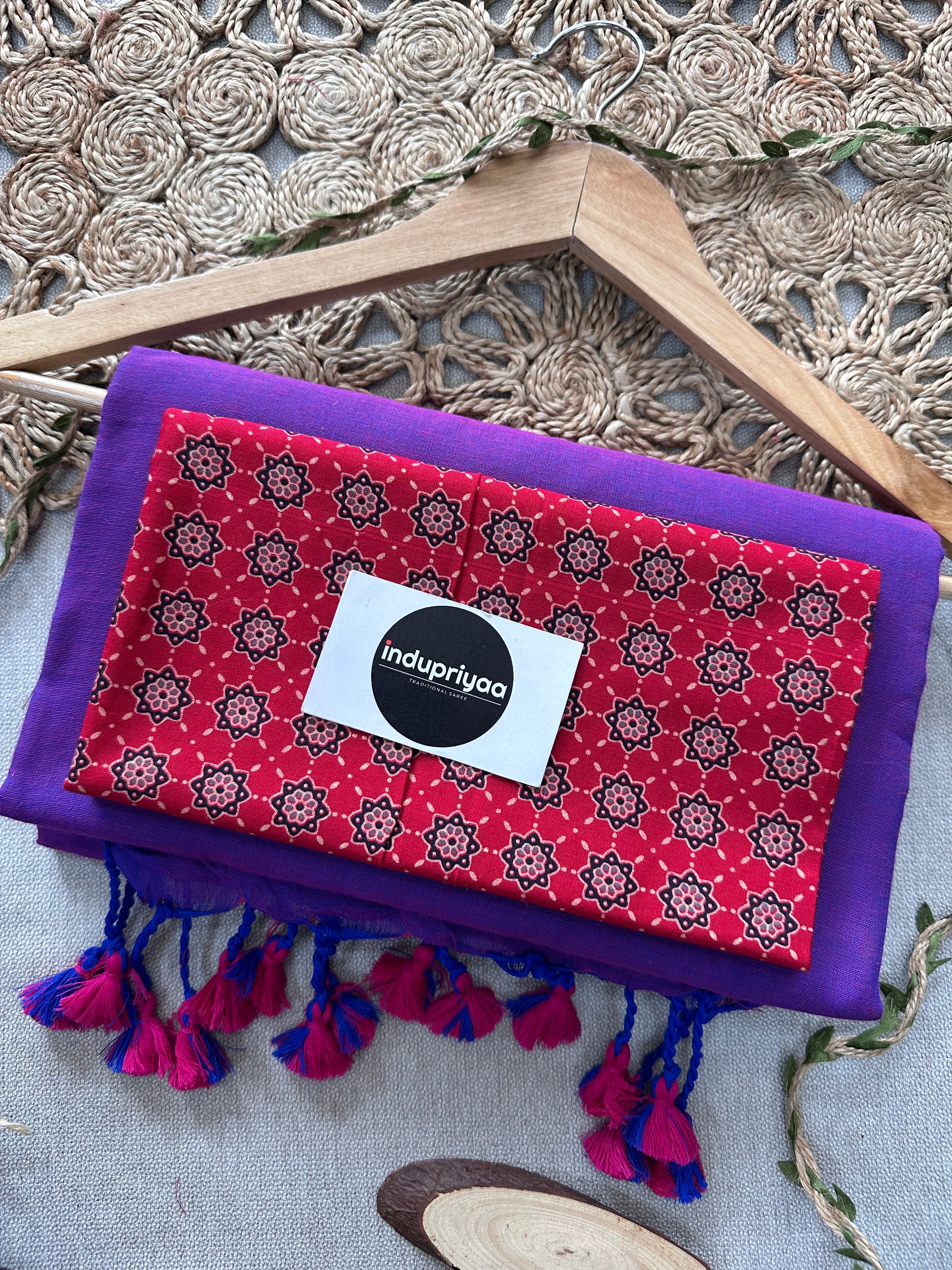 Purple Dual Tone Handloom Cotton Saree With Red Print Blouse