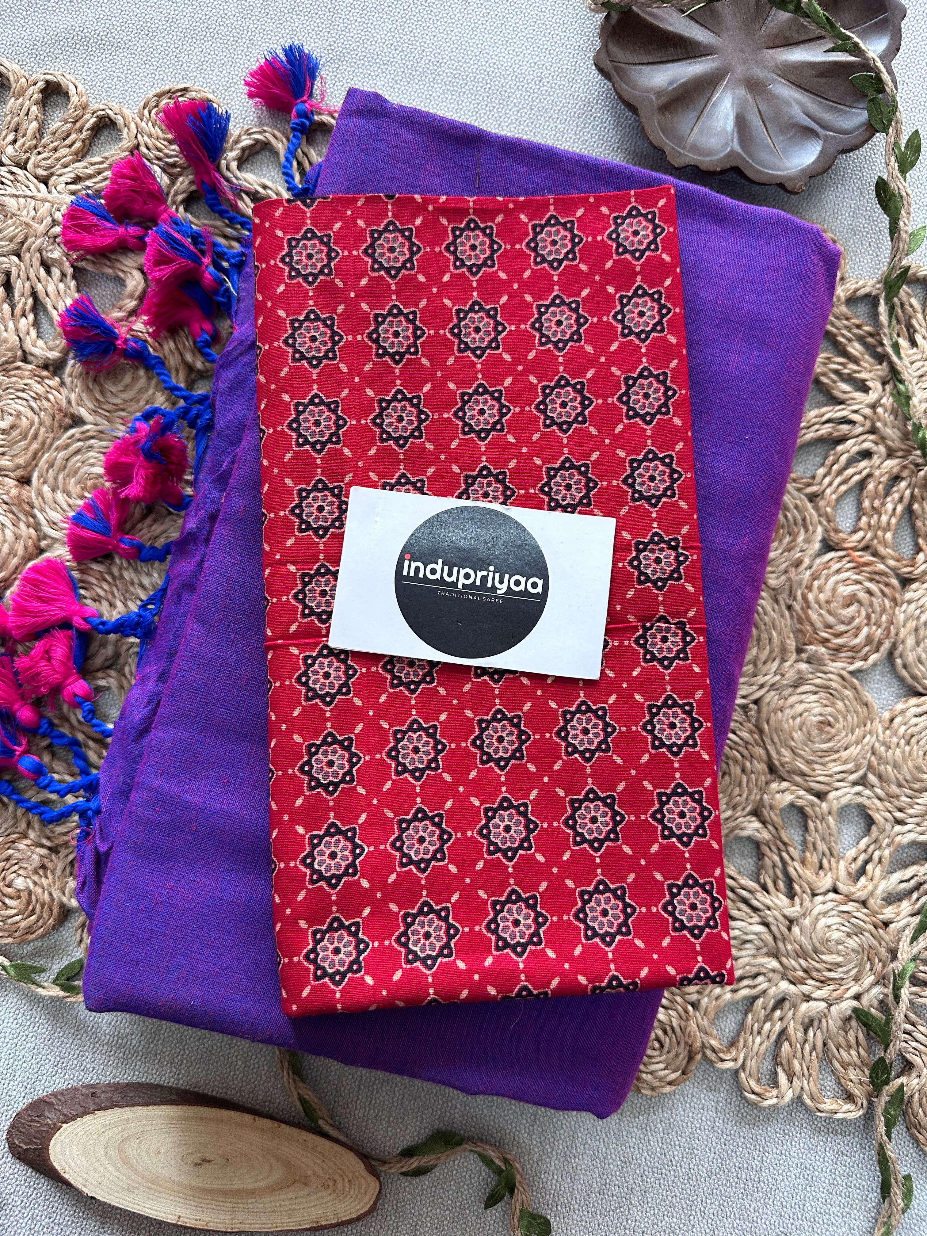 Purple Dual Tone Handloom Cotton Saree With Red Print Blouse