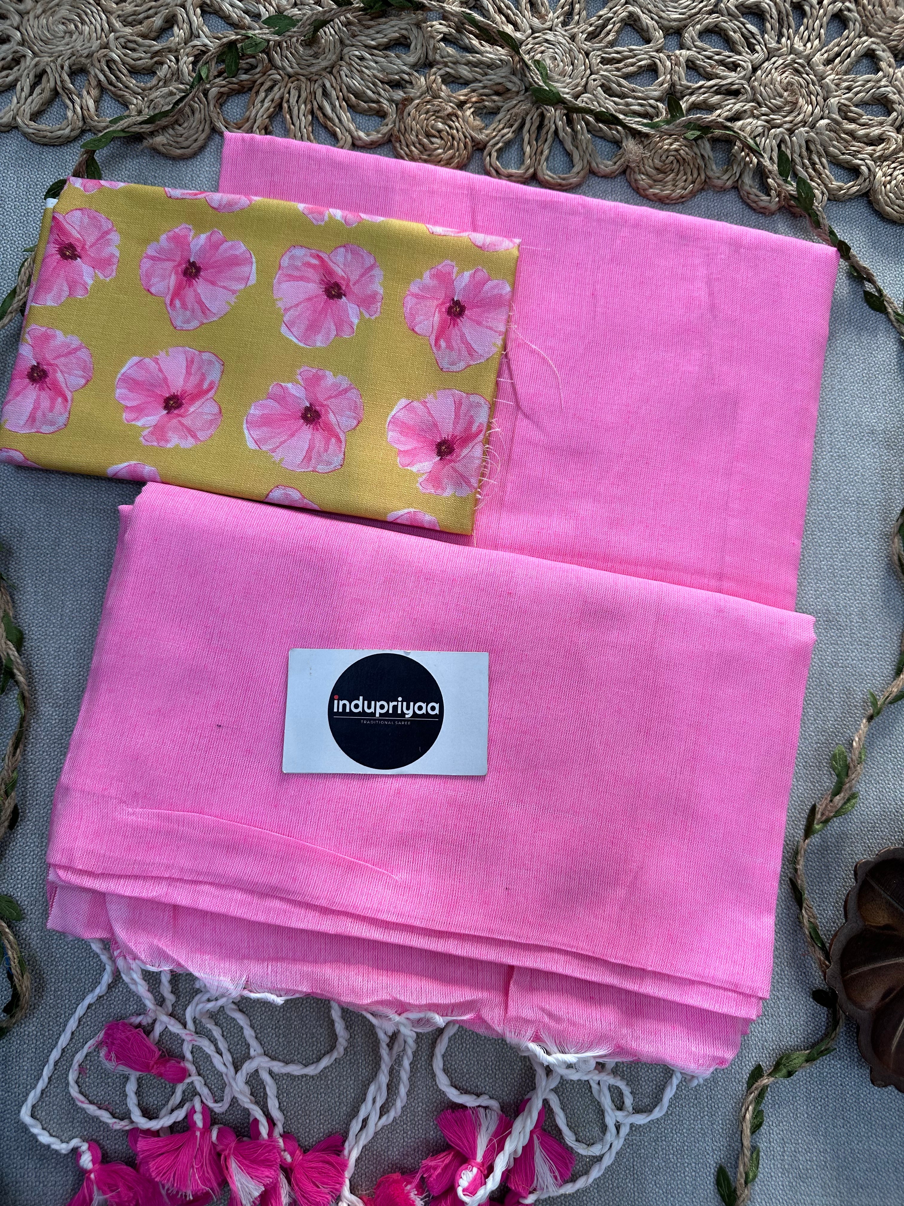 Baby Pink Handloom Cotton Saree With  Yellow Flower Print Blouse