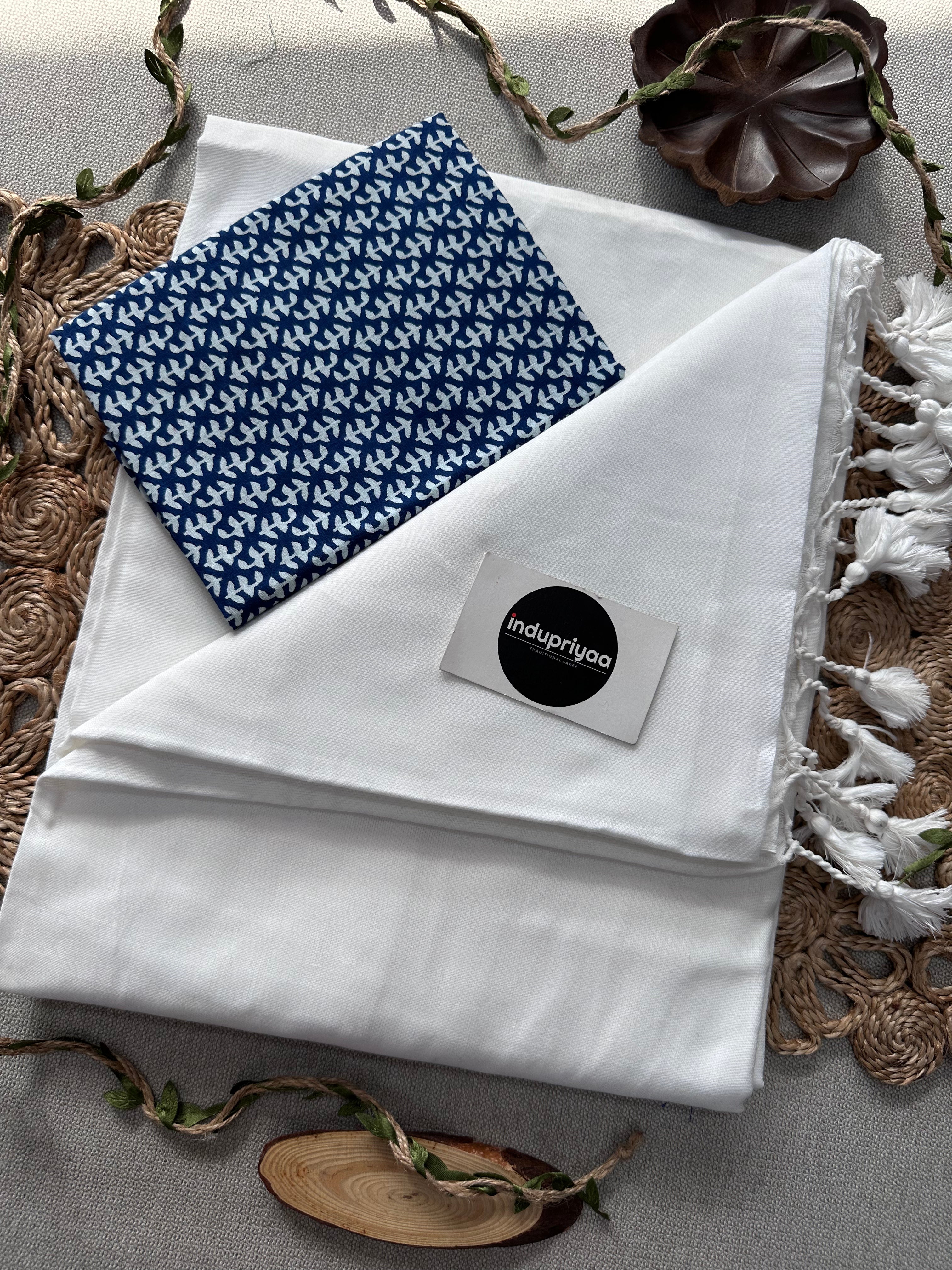 White Handloom Cotton Saree With Blue Print Blouse