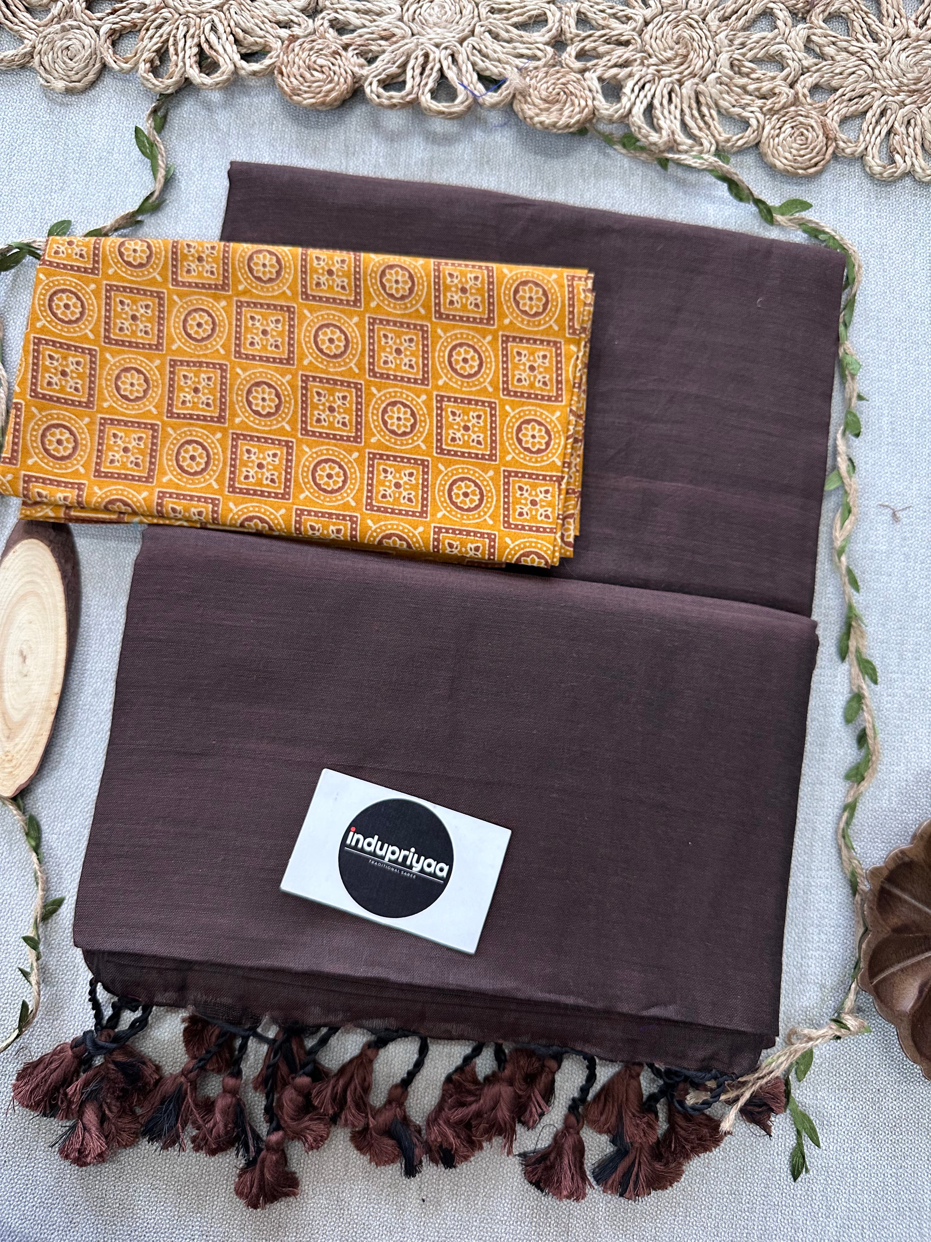 Brown Handloom Cotton Saree With Yellow Print Blouse
