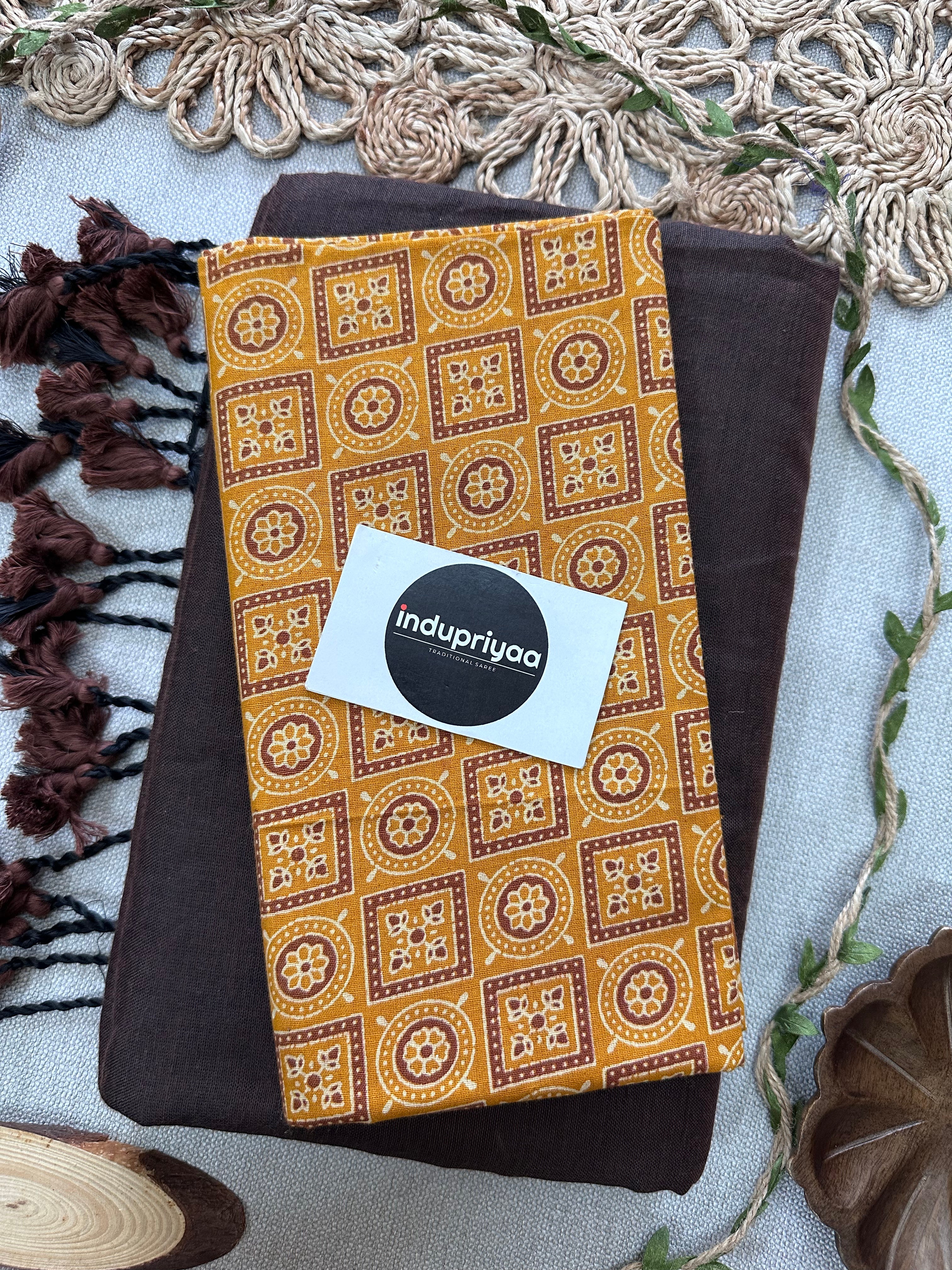 Brown Handloom Cotton Saree With Yellow Print Blouse