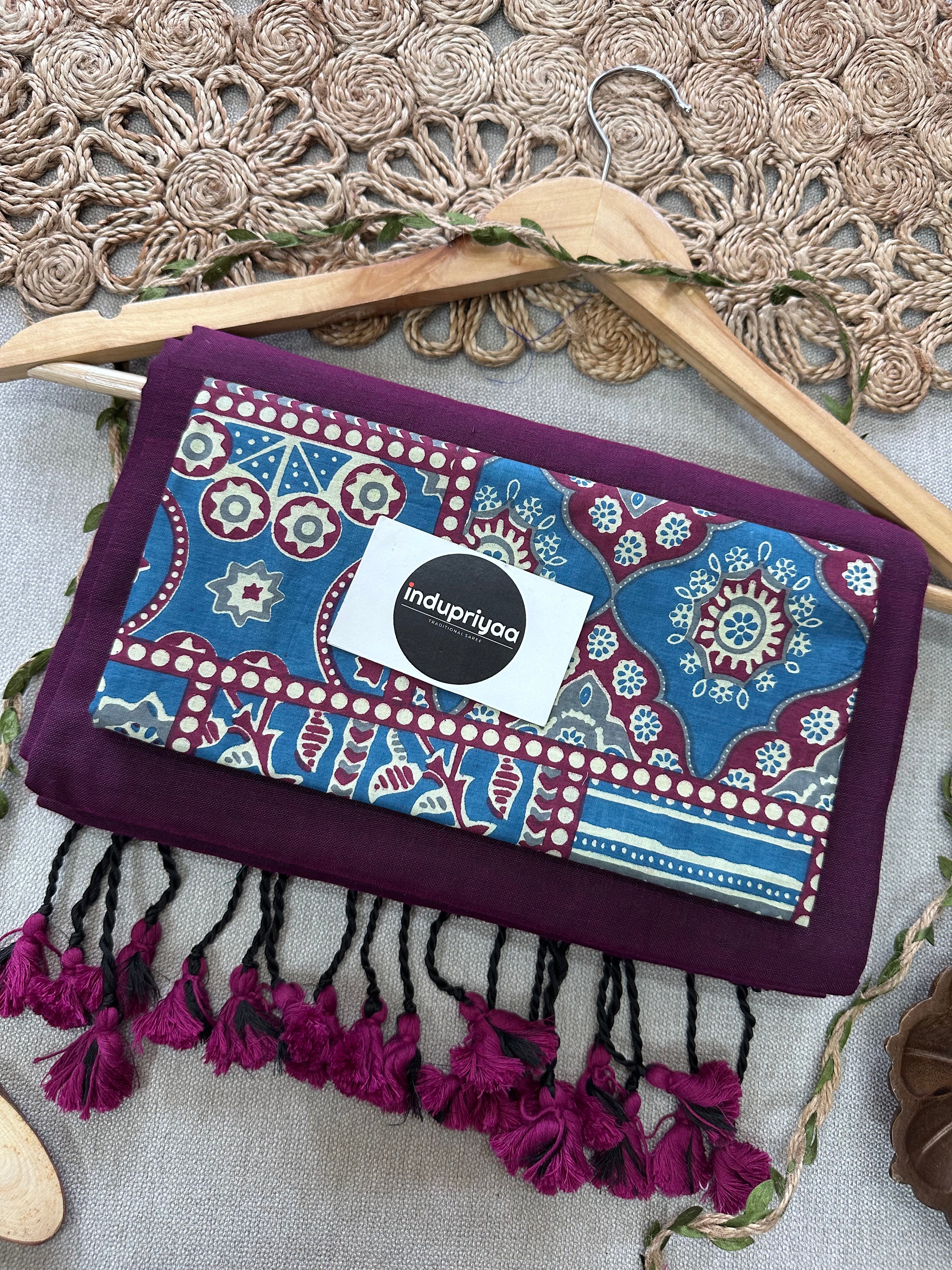 Dark Wine Handloom Cotton Saree With Blue Print Blouse