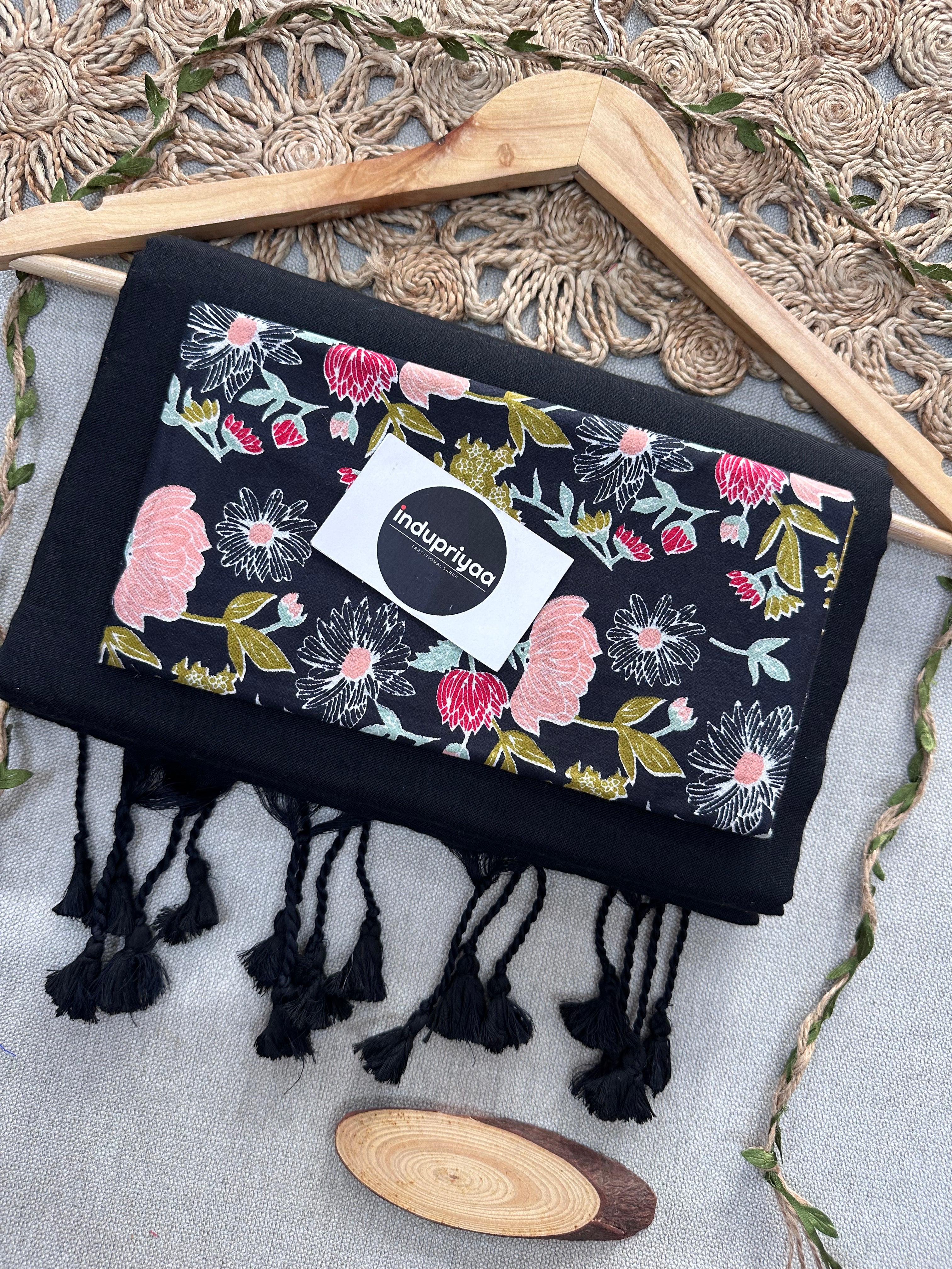 Black Handloom Cotton Saree With Flower Print Blouse