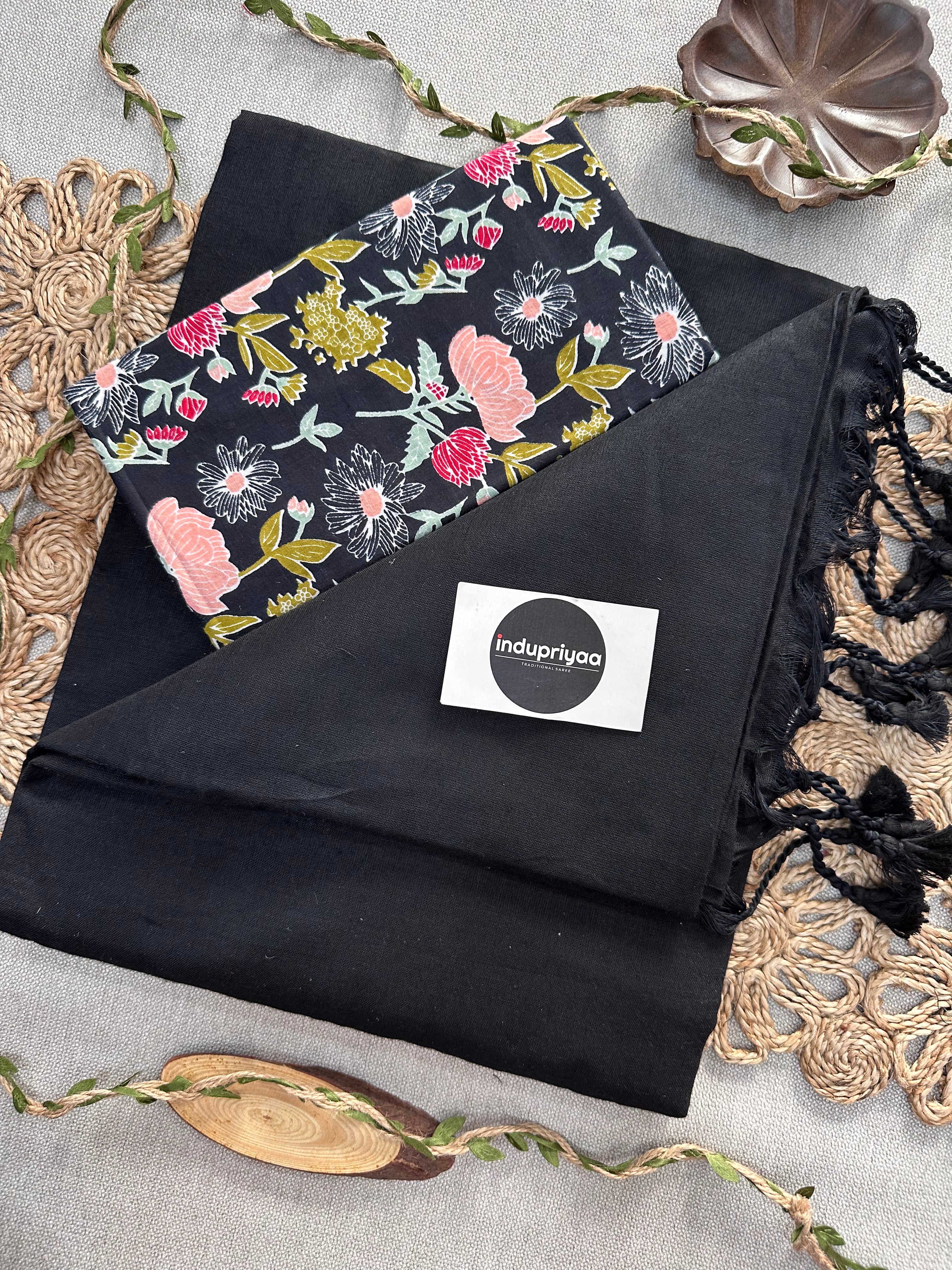 Black Handloom Cotton Saree With Flower Print Blouse