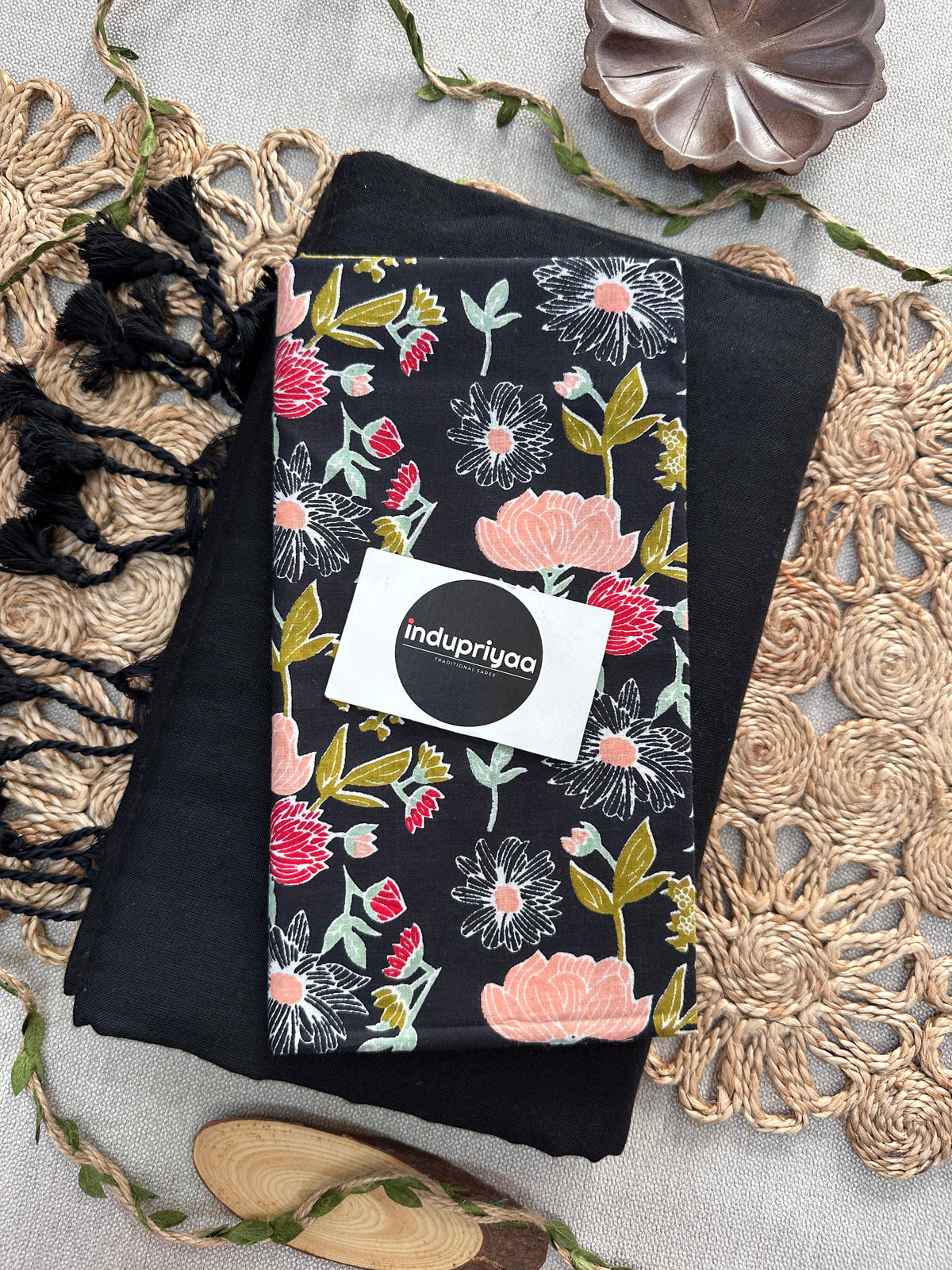 Black Handloom Cotton Saree With Flower Print Blouse