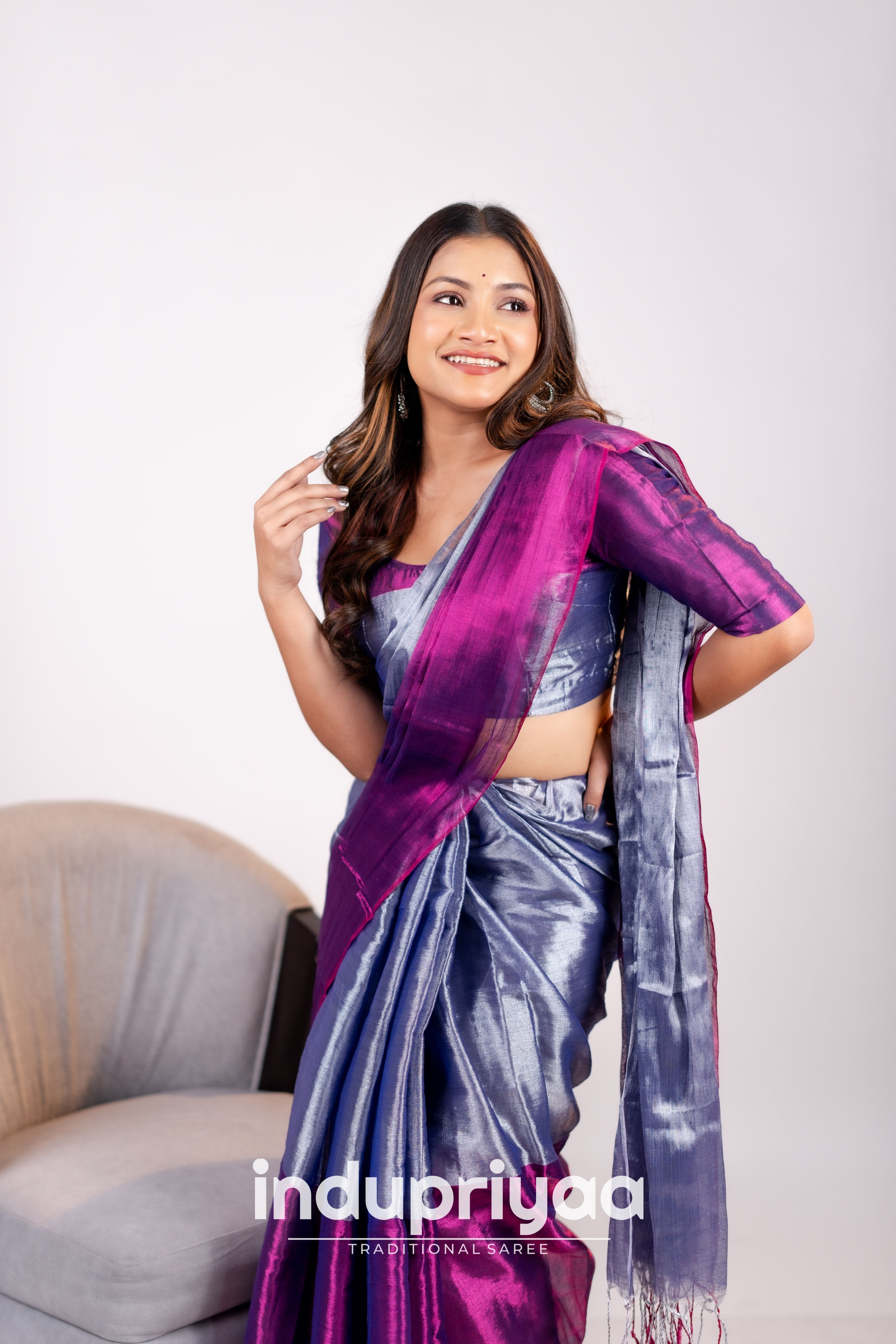 Indupriyaa Grey Nd Wine Designe Handloom Tissue Cotton Saree