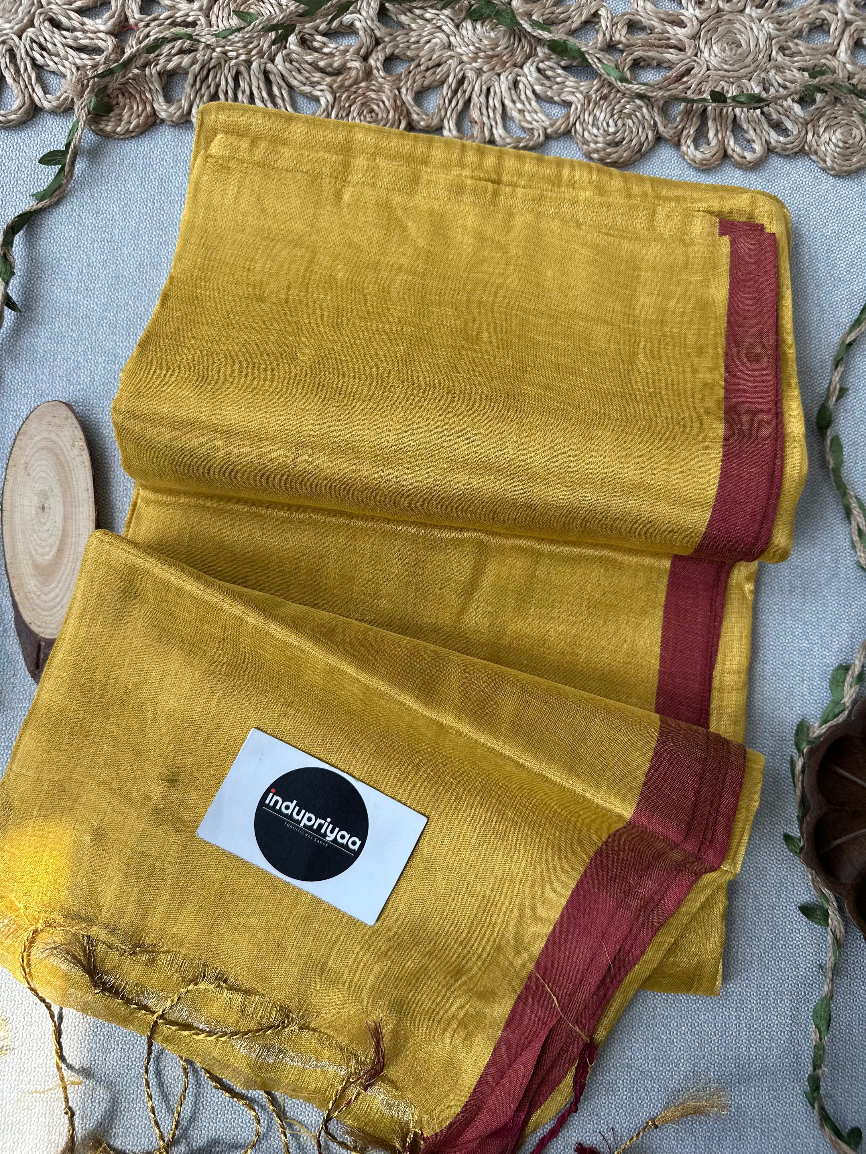 Indupriyaa Yellow Marun Border Handloom Tissue Cotton Saree