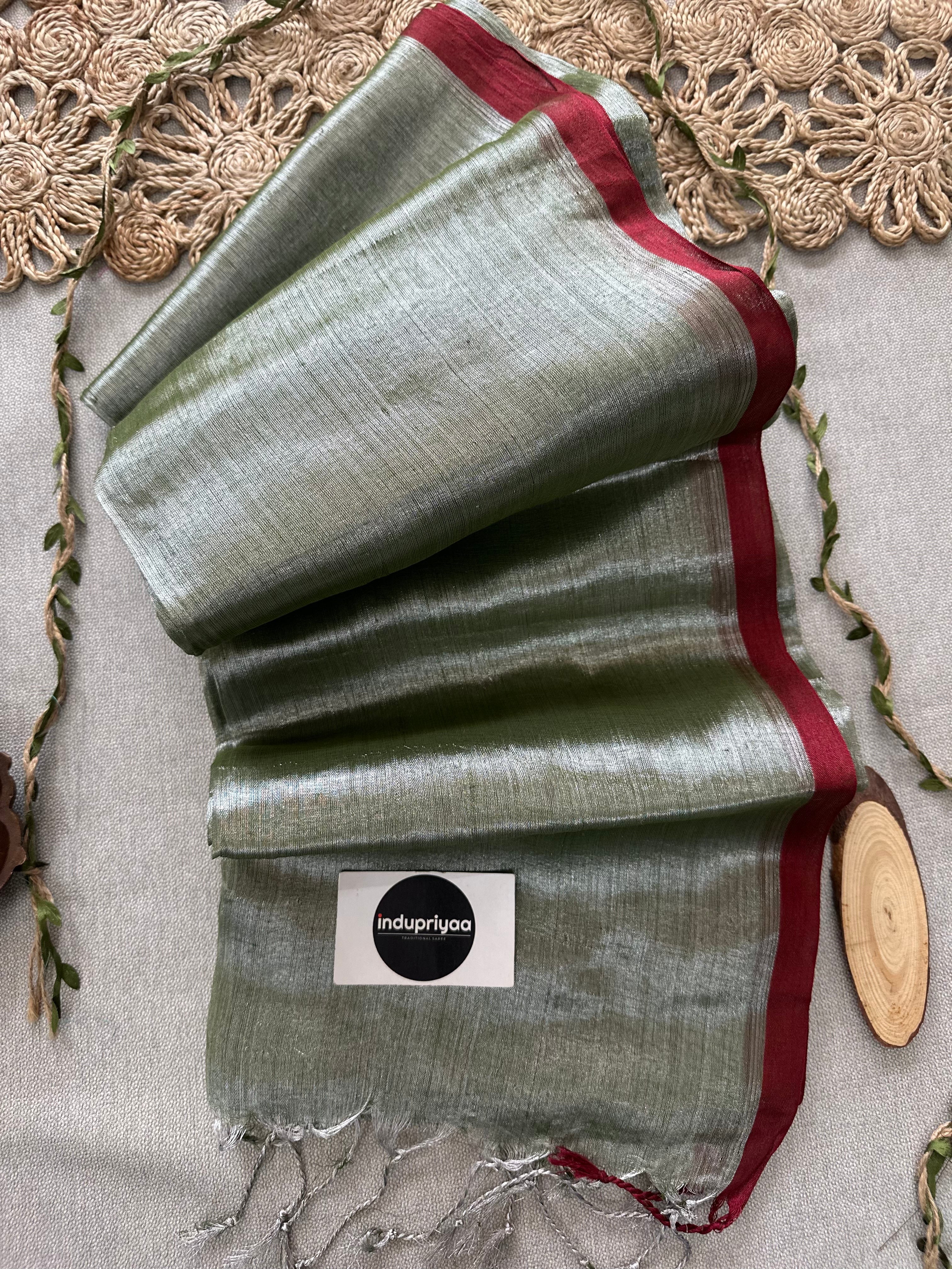 Indupriyaa Light Pista Marun Border Handloom Tissue Cotton Saree