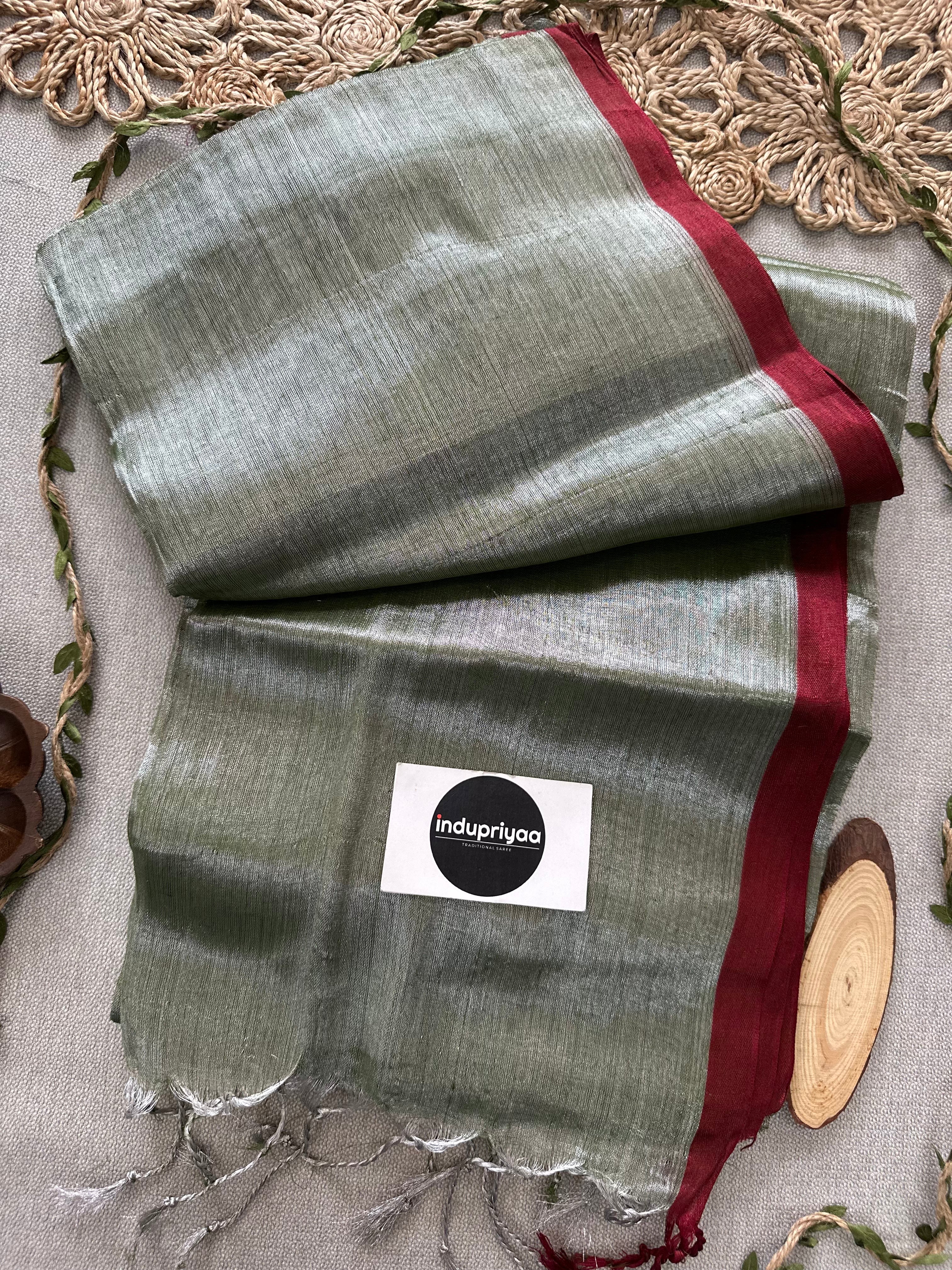 Indupriyaa Light Pista Marun Border Handloom Tissue Cotton Saree