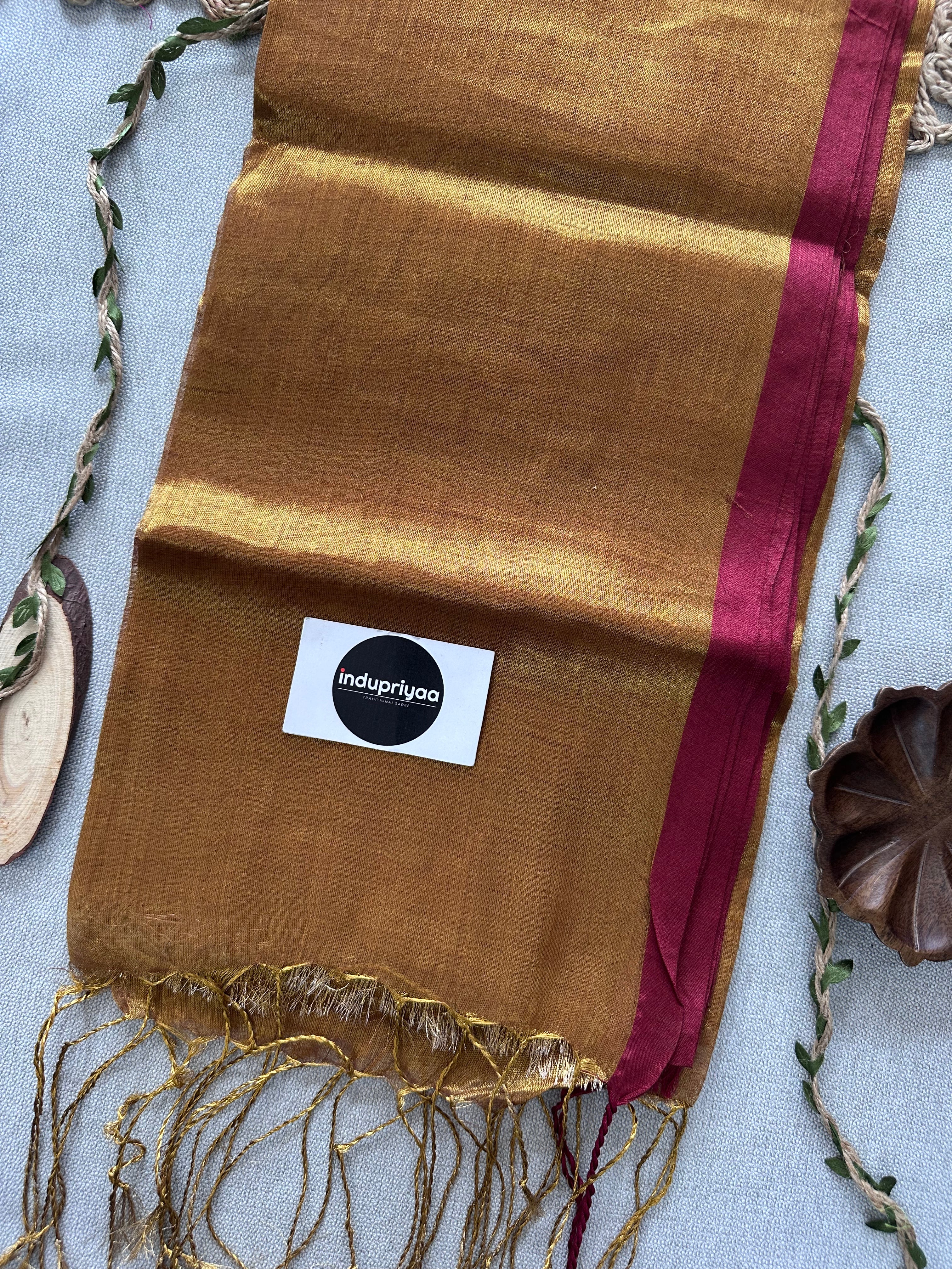 Indupriyaa Mustard Gold Marun Border Handloom Tissue Cotton Saree