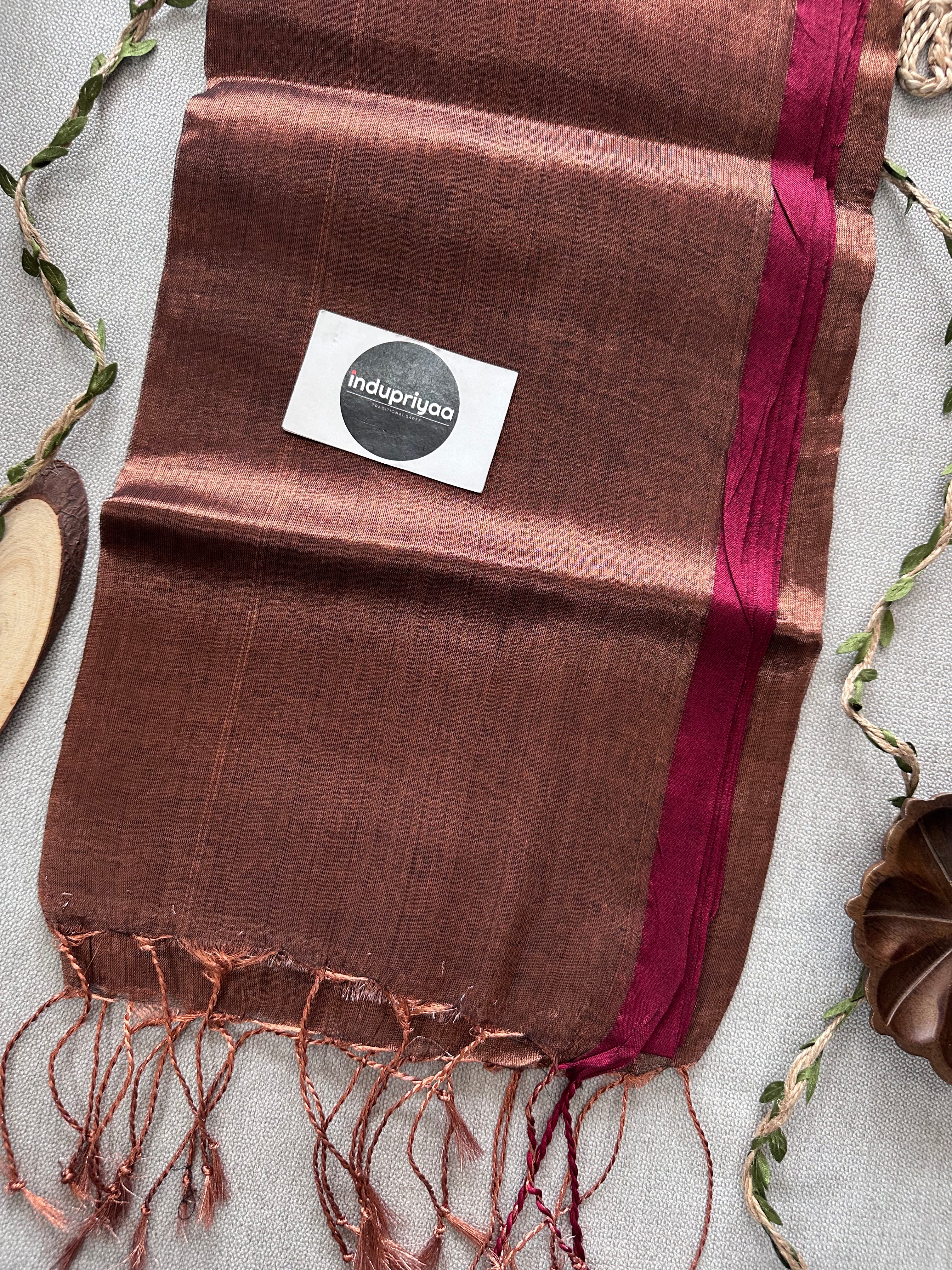 Indupriyaa Copper Marun Border Handloom Tissue Cotton Saree