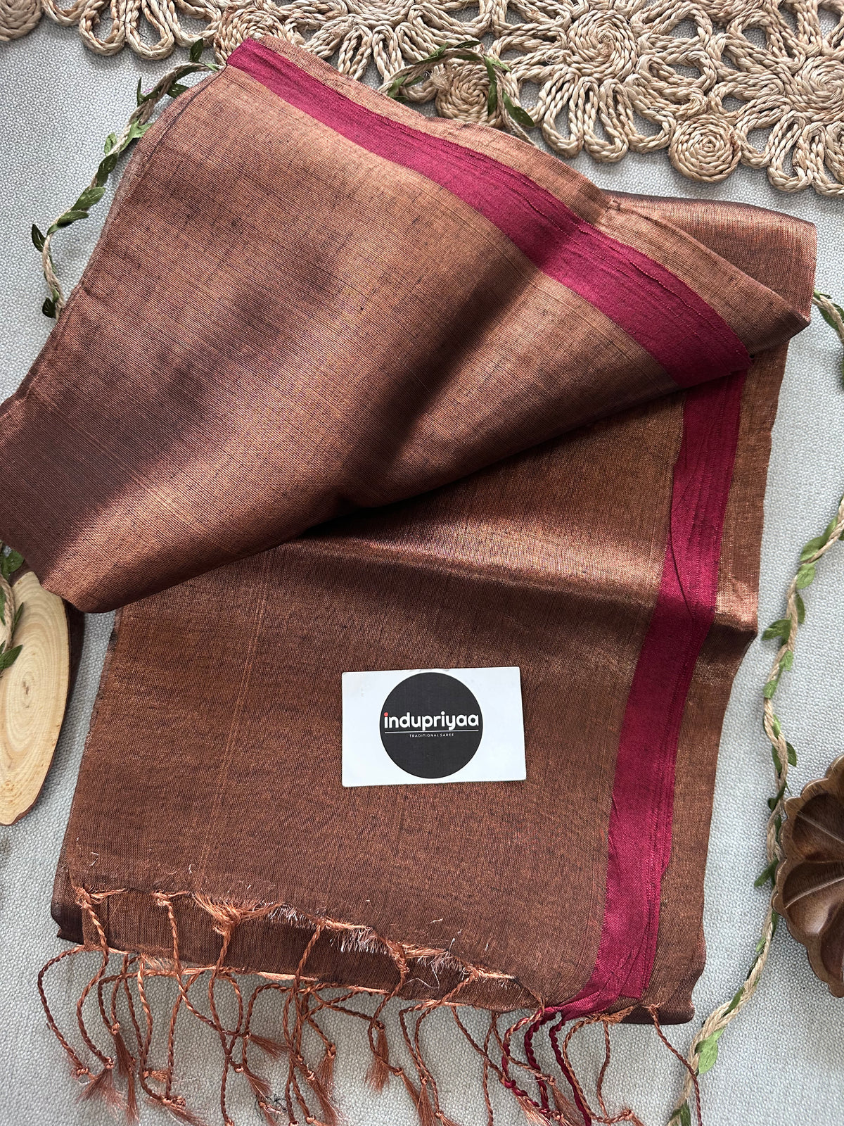 Indupriyaa Copper Marun Border Handloom Tissue Cotton Saree
