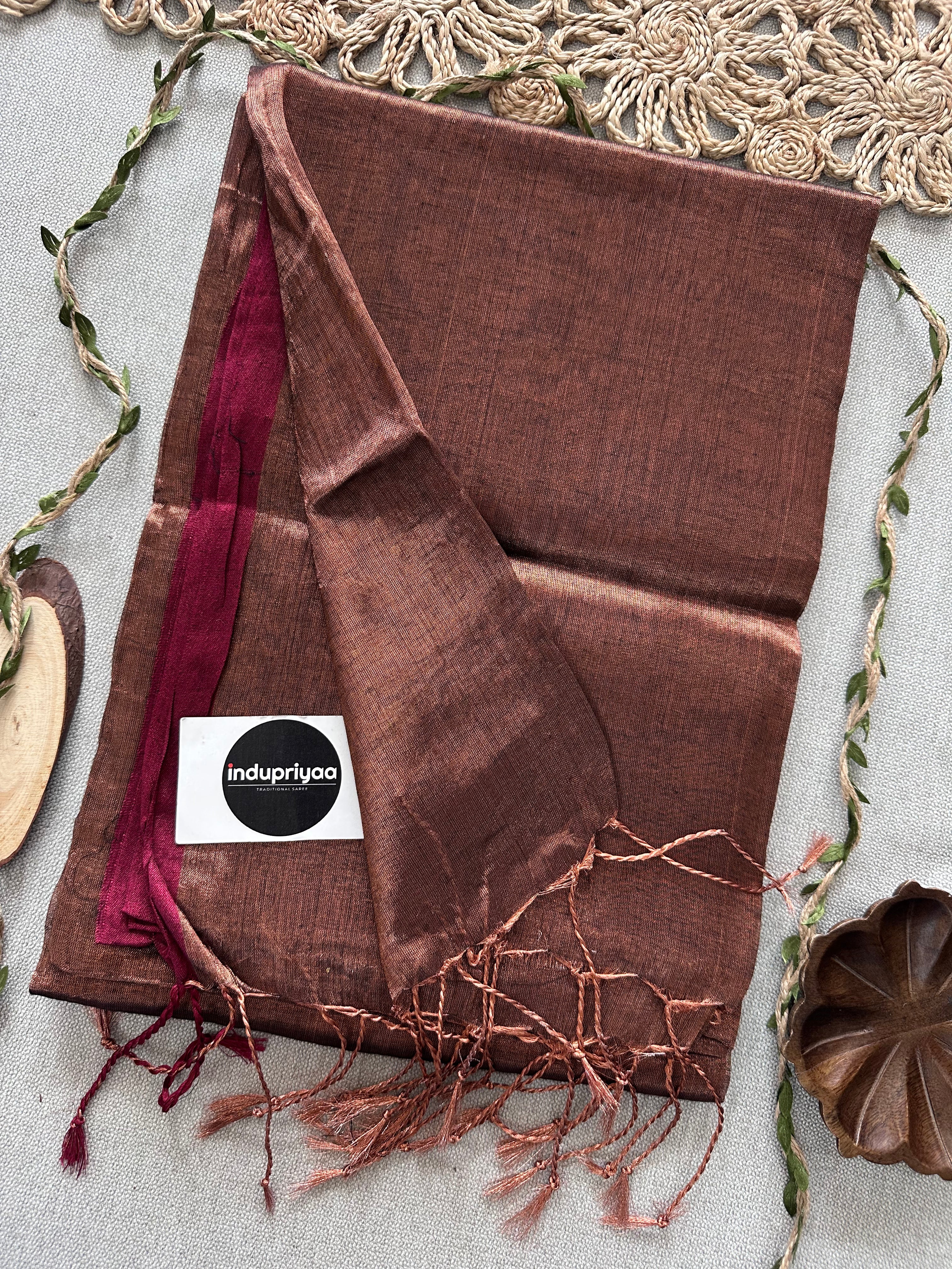 Indupriyaa Copper Marun Border Handloom Tissue Cotton Saree
