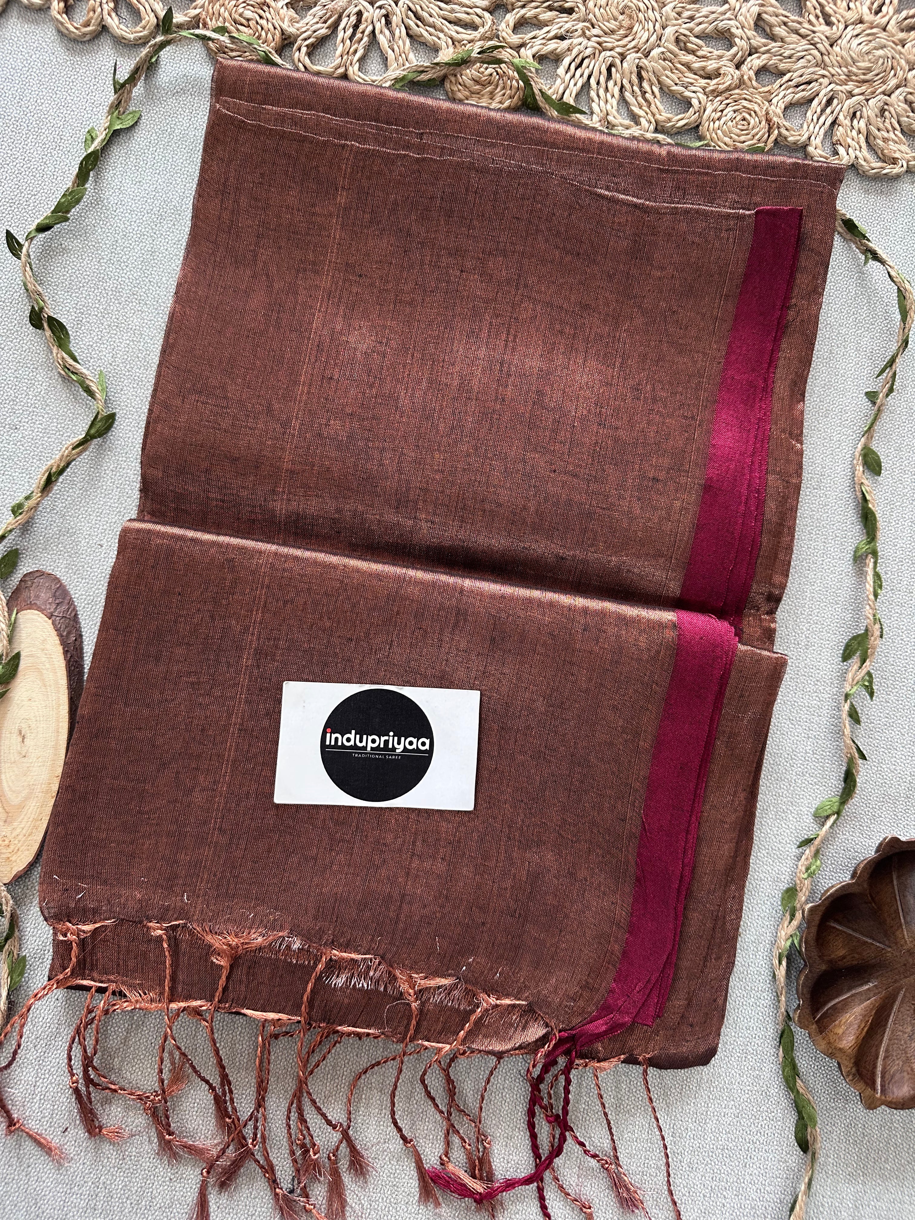 Indupriyaa Copper Marun Border Handloom Tissue Cotton Saree