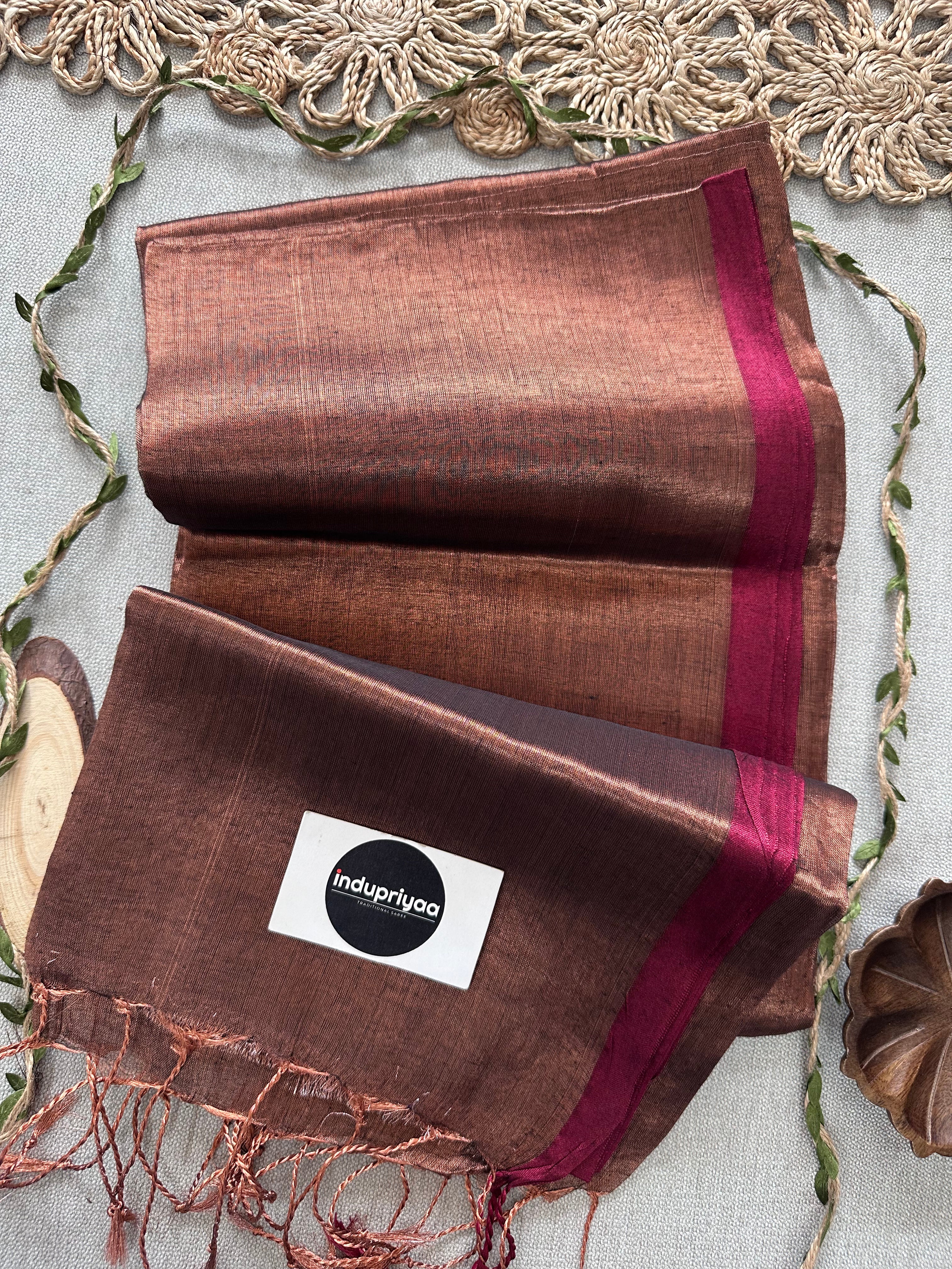 Indupriyaa Copper Marun Border Handloom Tissue Cotton Saree