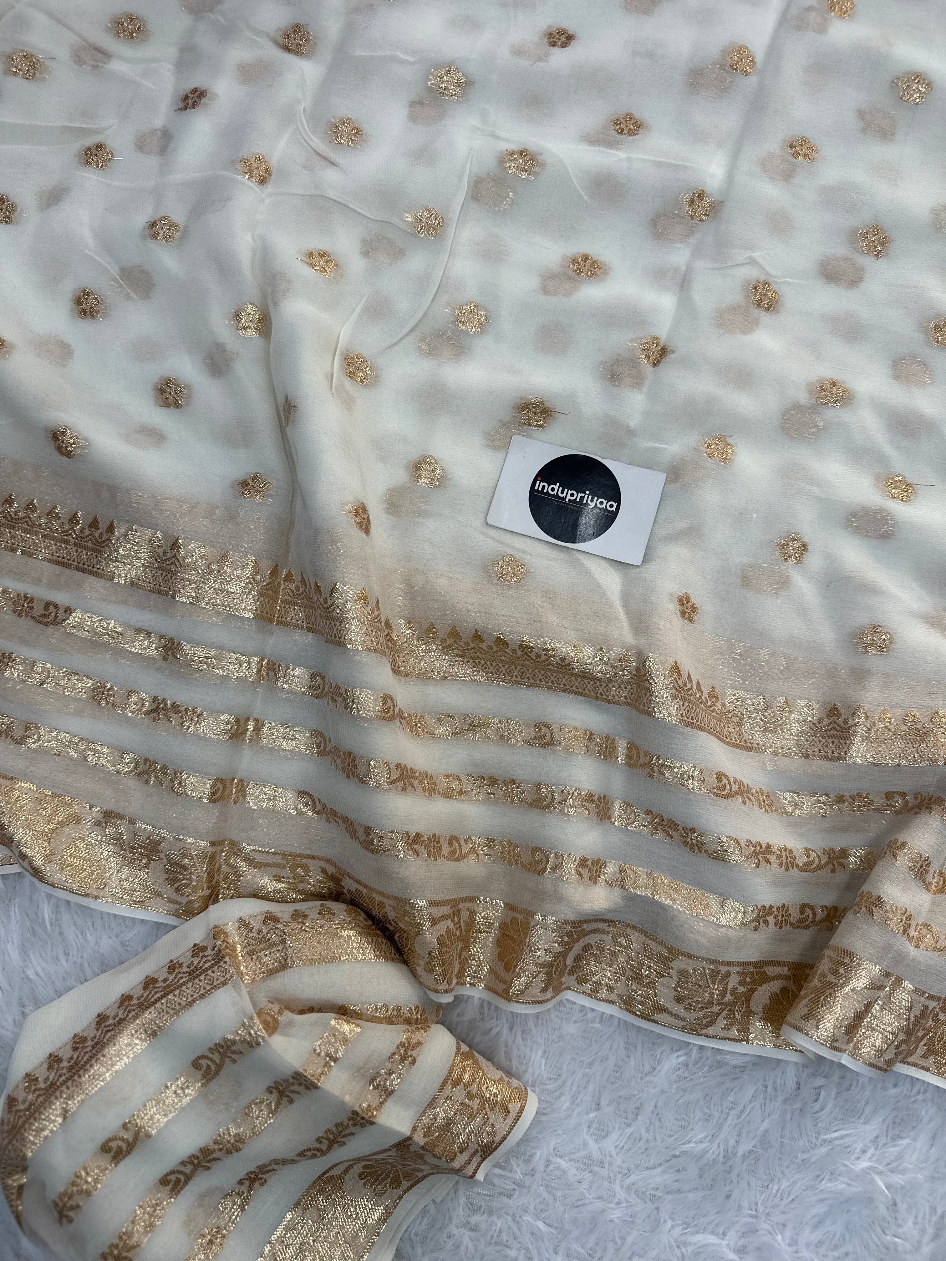 White Pure Viscose Gerogette Silk Saree