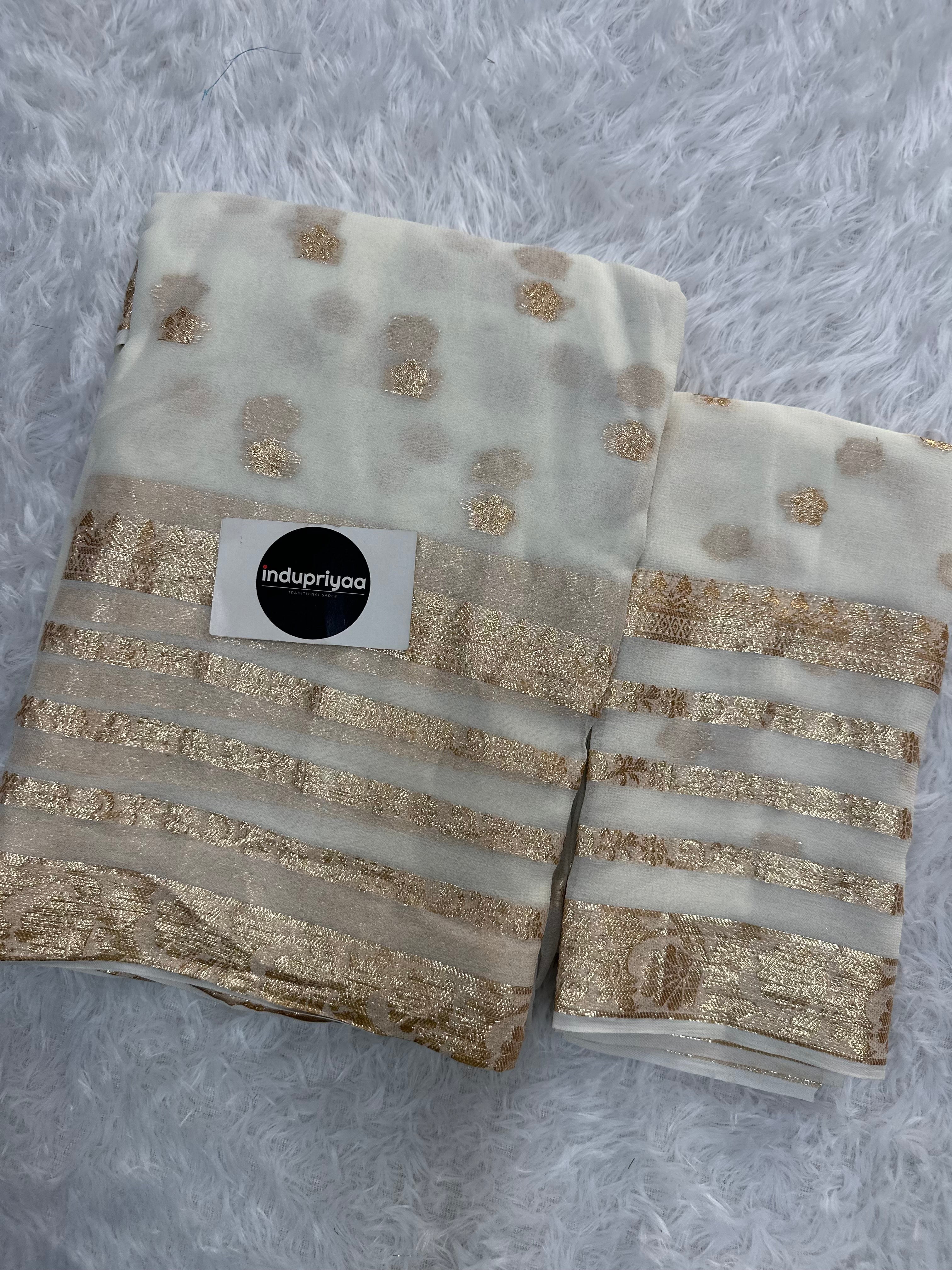 White Pure Viscose Gerogette Silk Saree