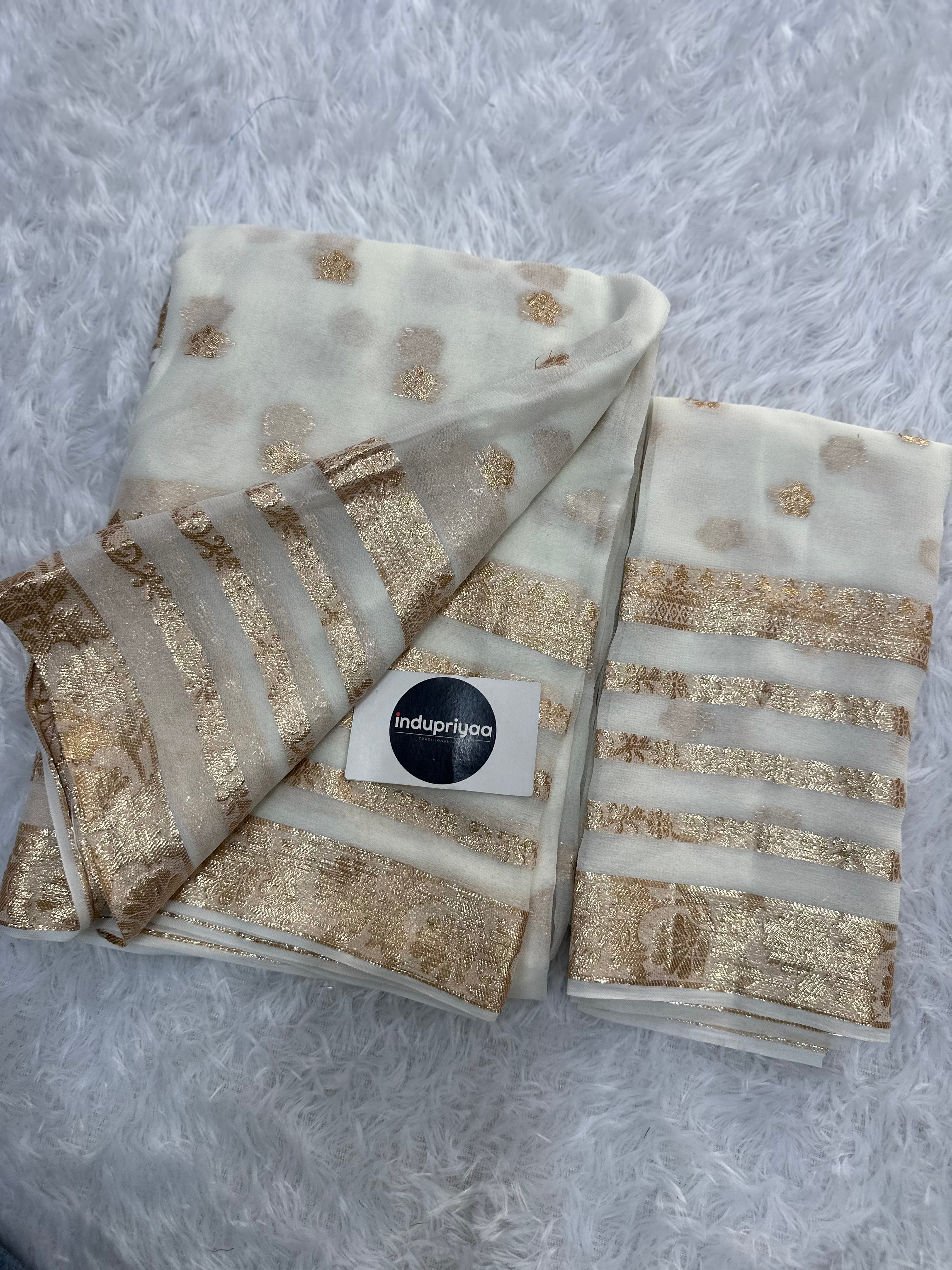 White Pure Viscose Gerogette Silk Saree
