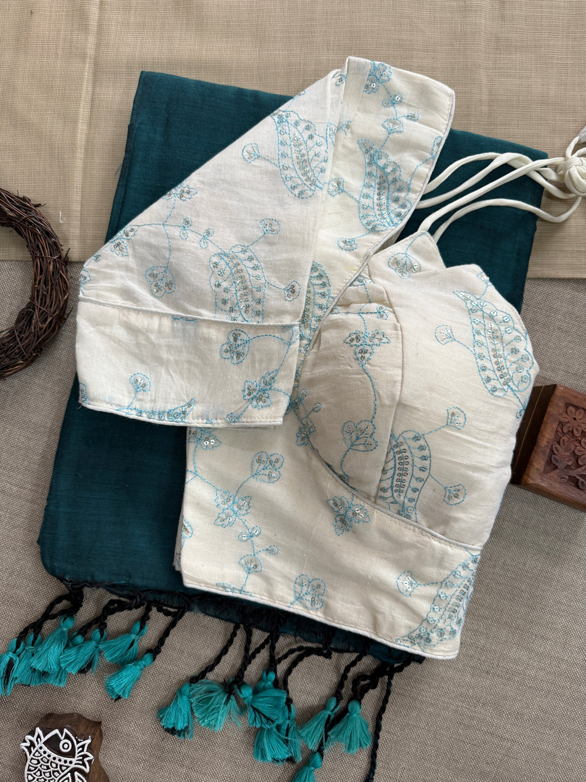 Rama Handloom Cotton Saree With Embrodery Work Redy Made Blouse