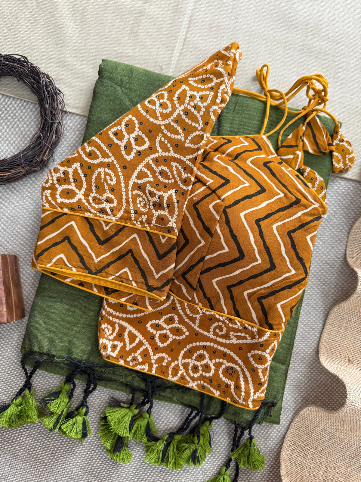 Mehndi Handloom Cotton Saree With Mustard Bandhej Print Redy Made Blouse