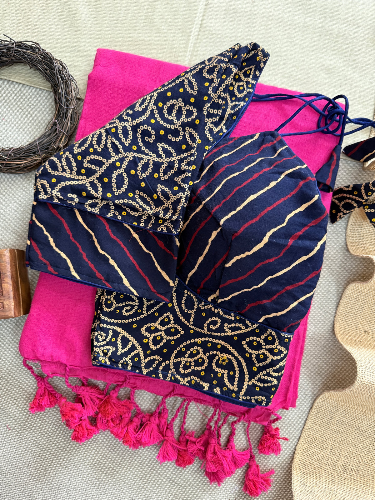 Pink Handloom Cotton Saree With N Blue Bandhej Print Redy Made Blouse