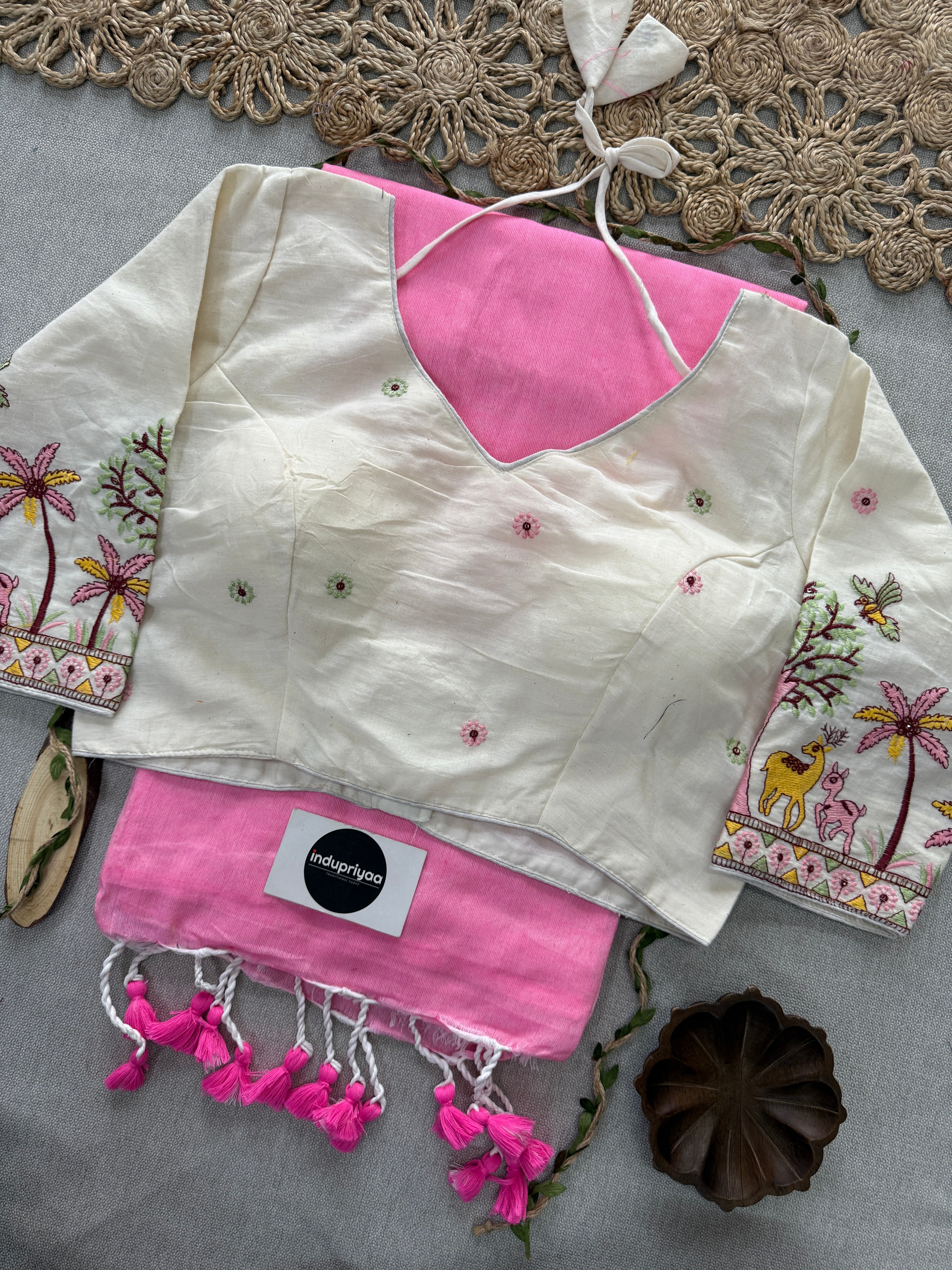 Baby Pink Handloom Cotton Saree With Embrodery Work Redy Made Blouse