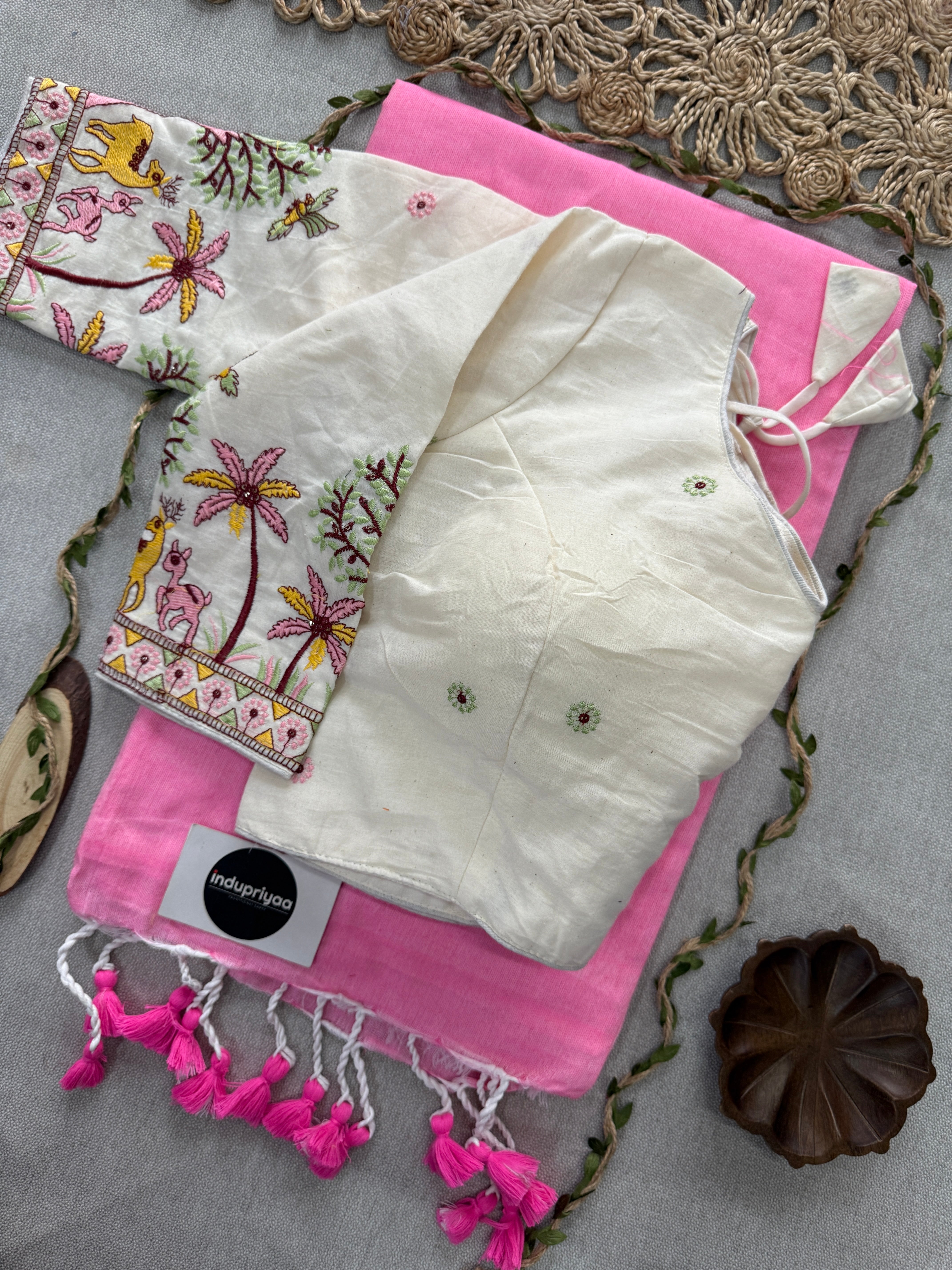 Baby Pink Handloom Cotton Saree With Embrodery Work Redy Made Blouse