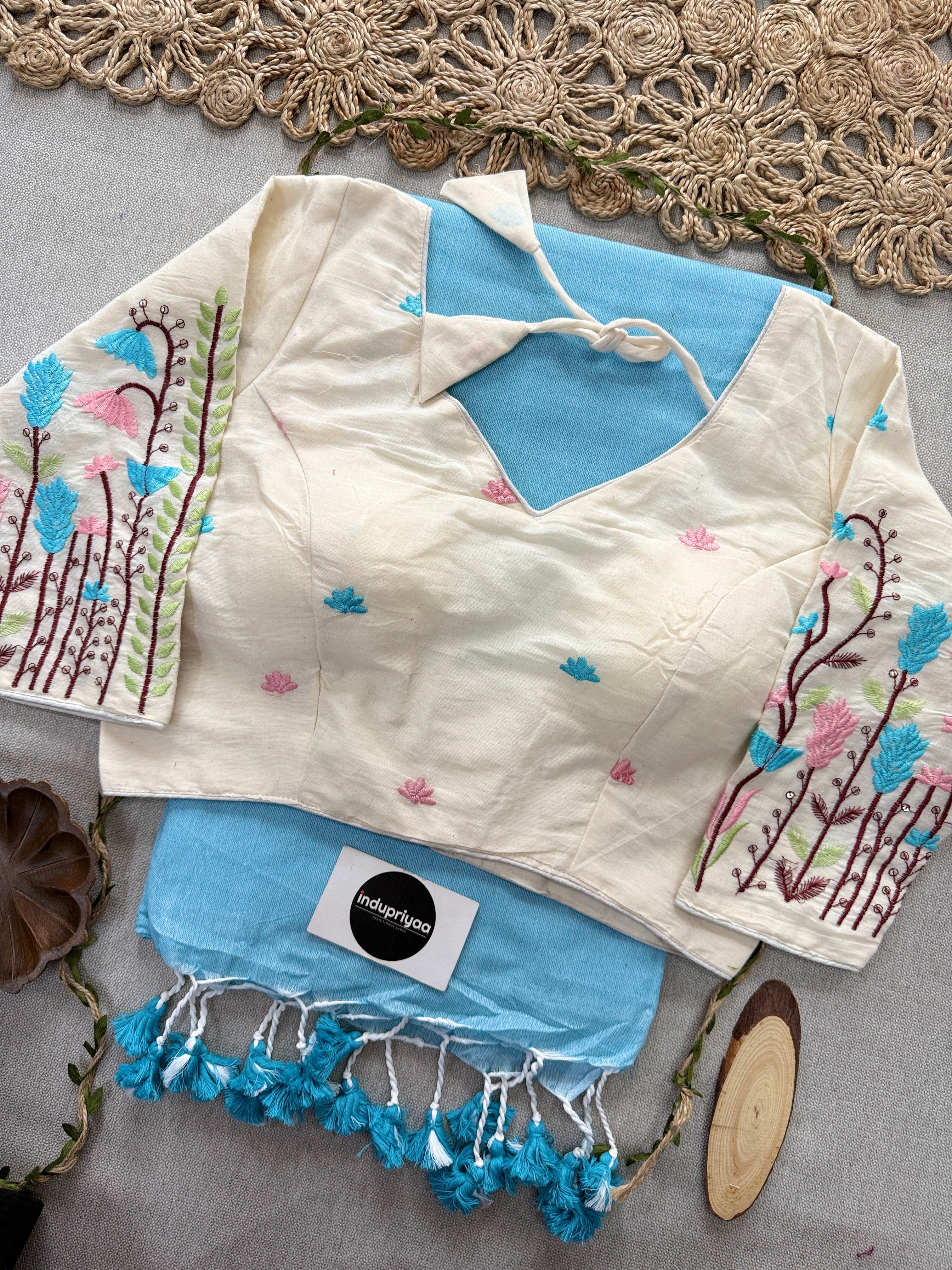 Sky Handloom Cotton Saree With Embrodery Work Redy Made Blouse