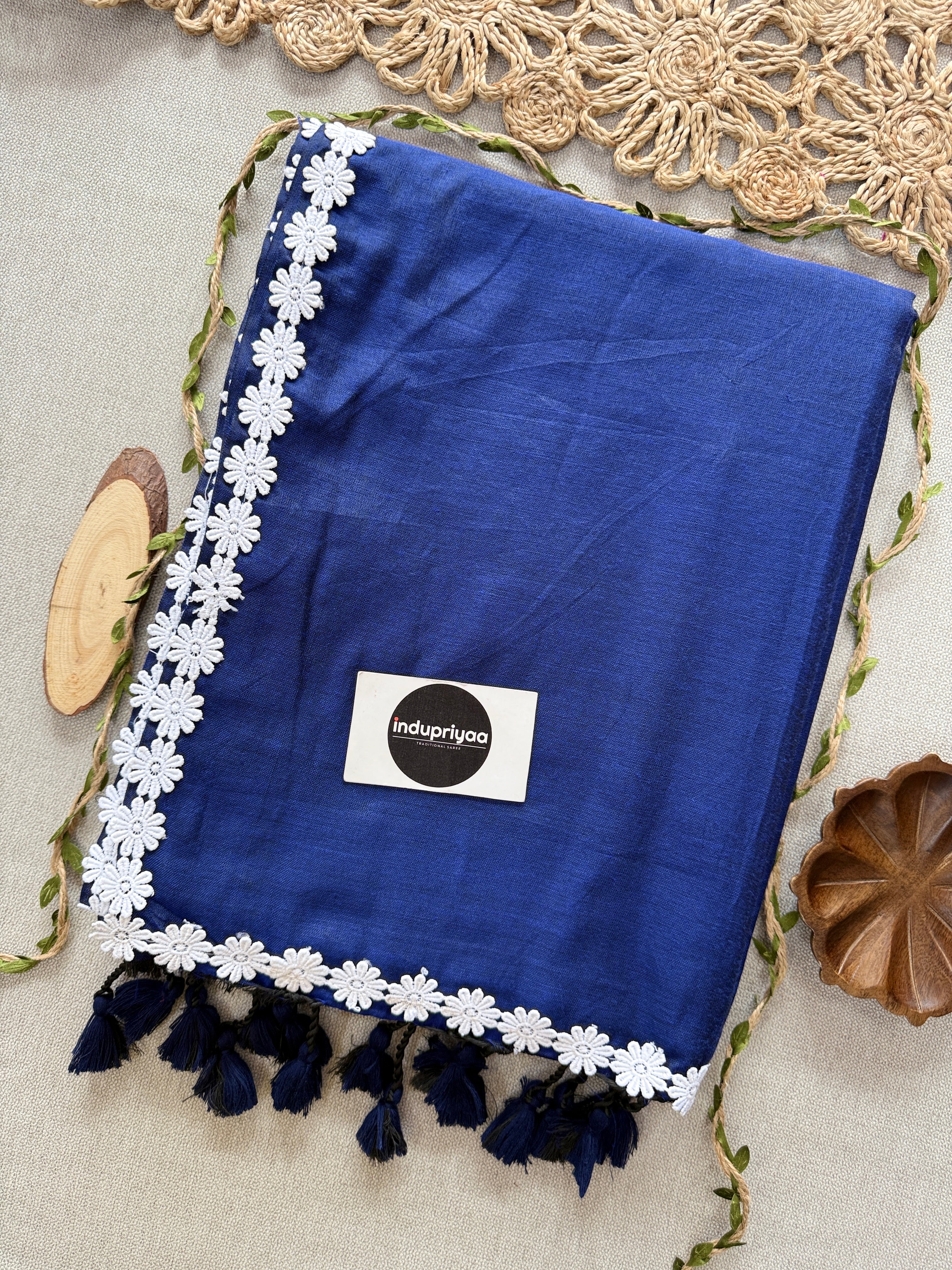 N Blue Handloom Khadi Cotton Saree With Flower Designe Lace Border