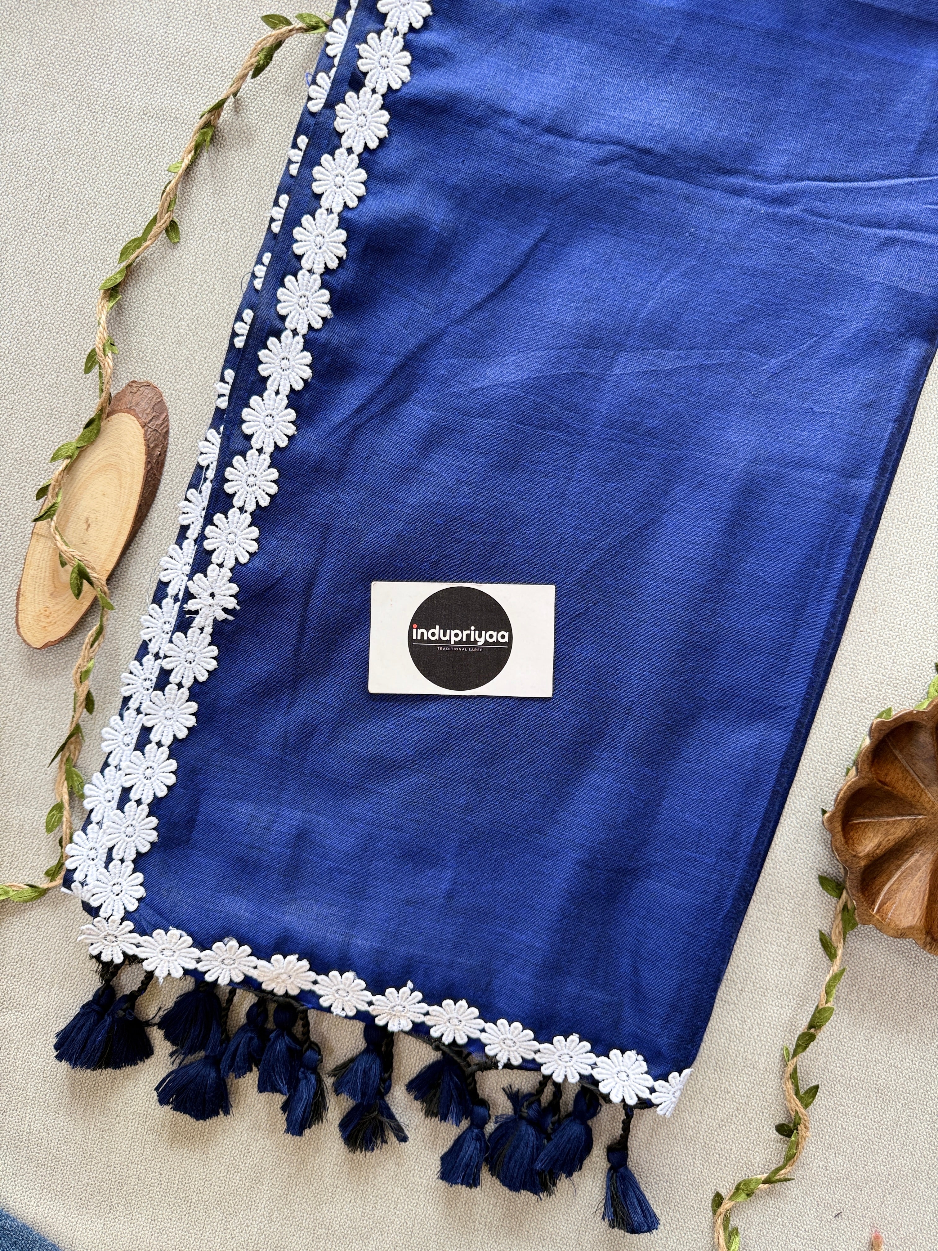 N Blue Handloom Khadi Cotton Saree With Flower Designe Lace Border